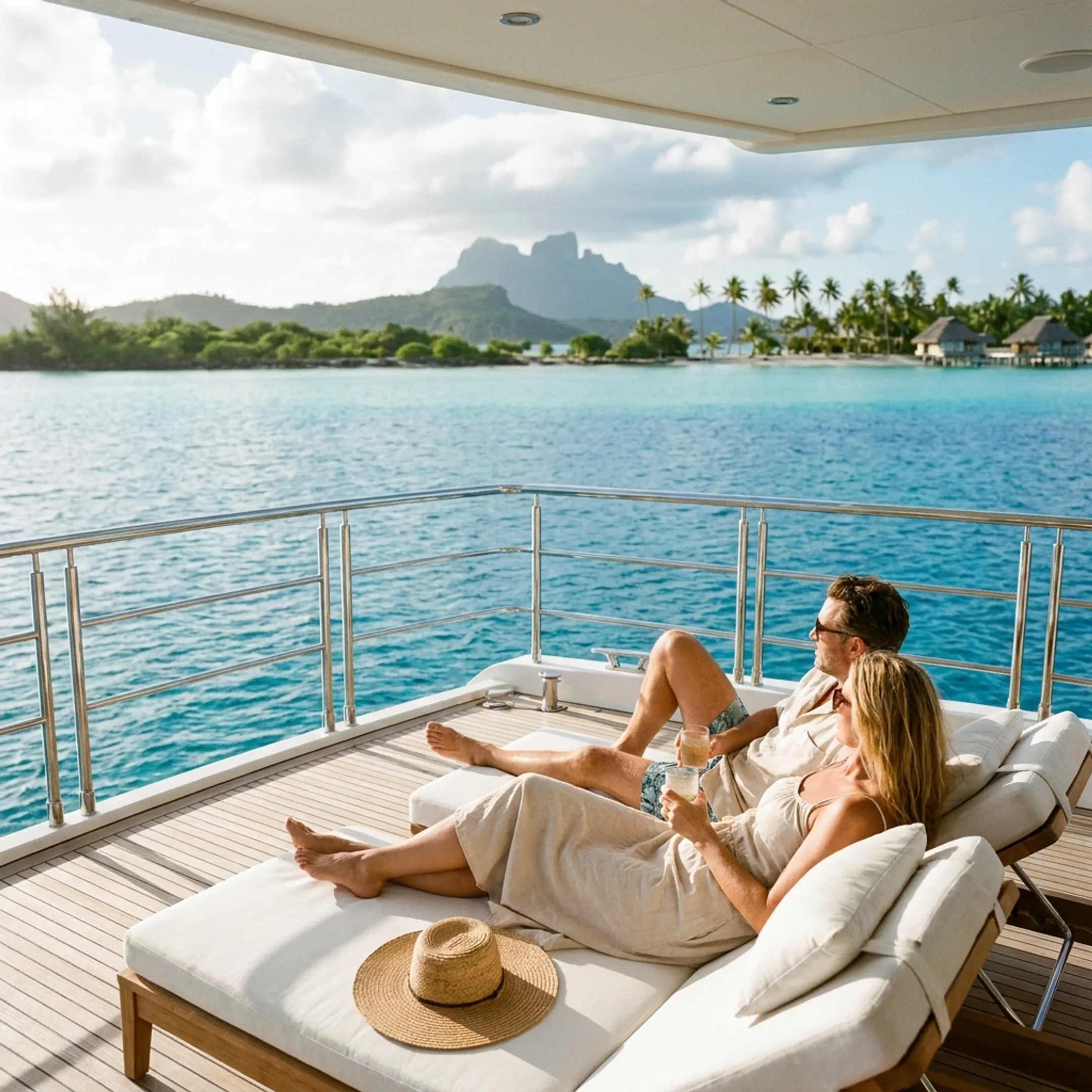 Travelers relaxing aboard a private yacht in Bora Bora lagoon