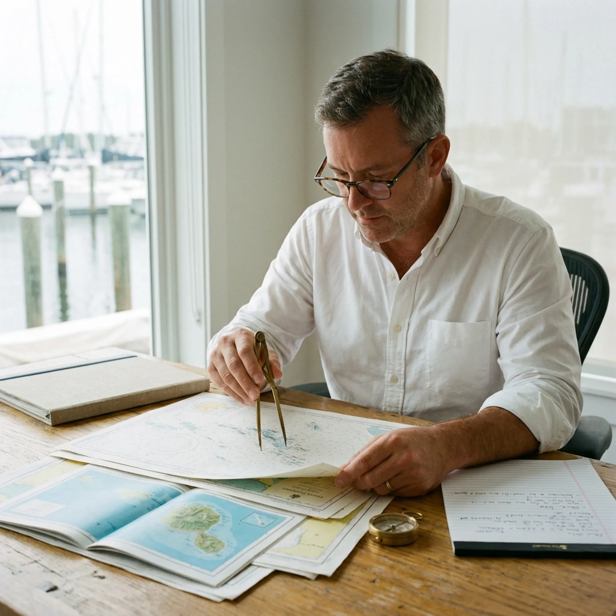 Travel advisor planning a private yacht itinerary with island maps