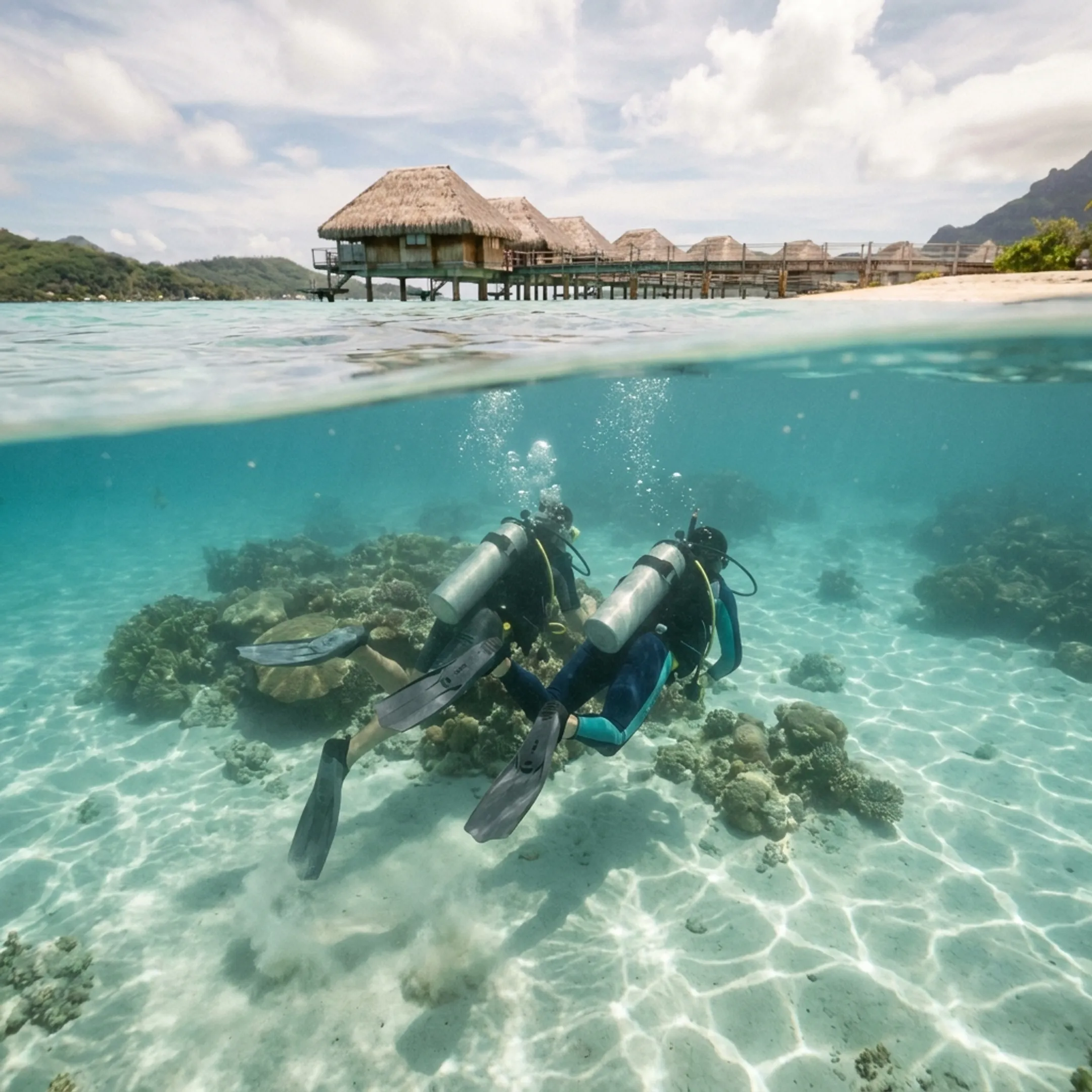Scuba divers exploring a clear French Polynesian lagoon near a tropical resort