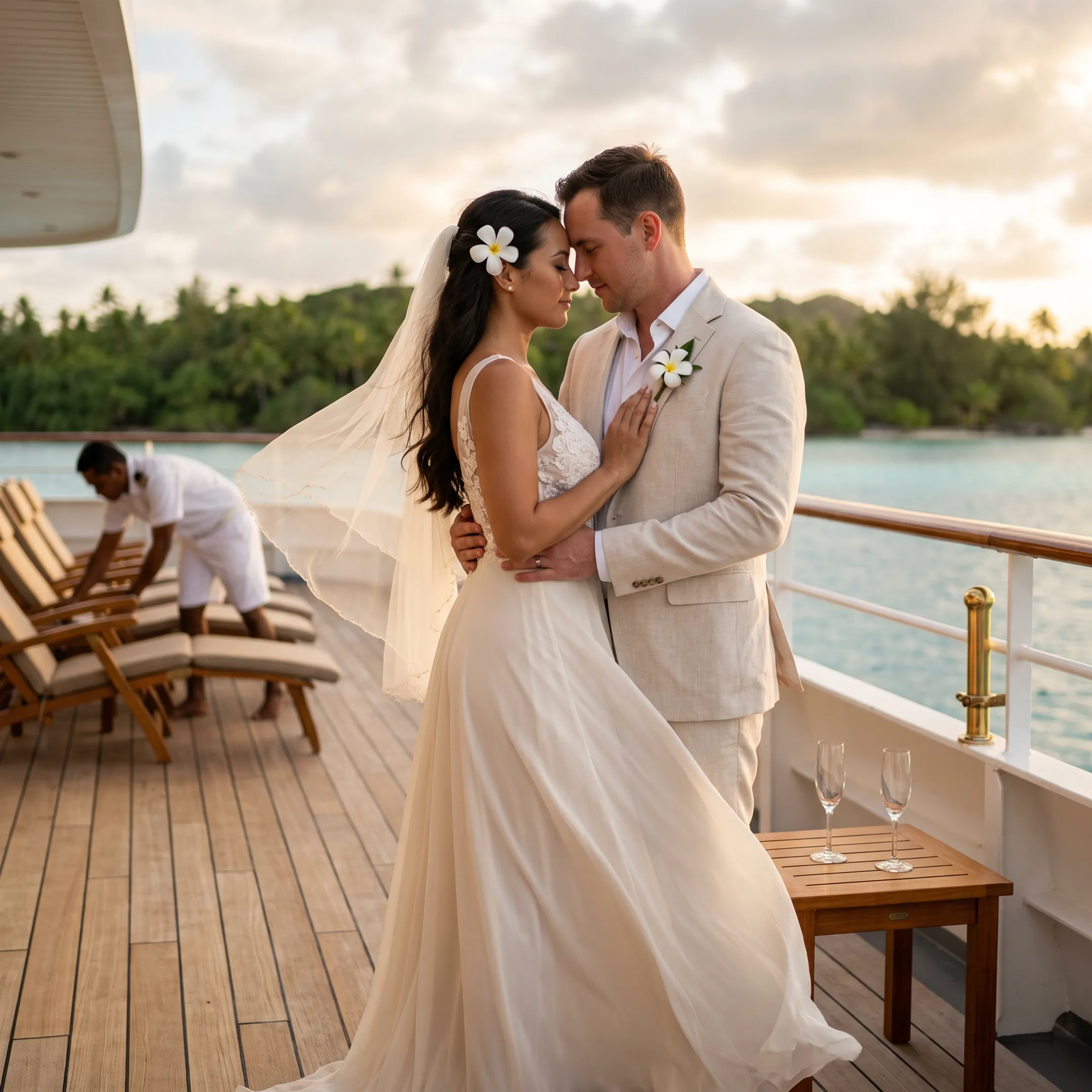 Couple celebrating an intimate wedding aboard a luxury cruise near a tropical lagoon