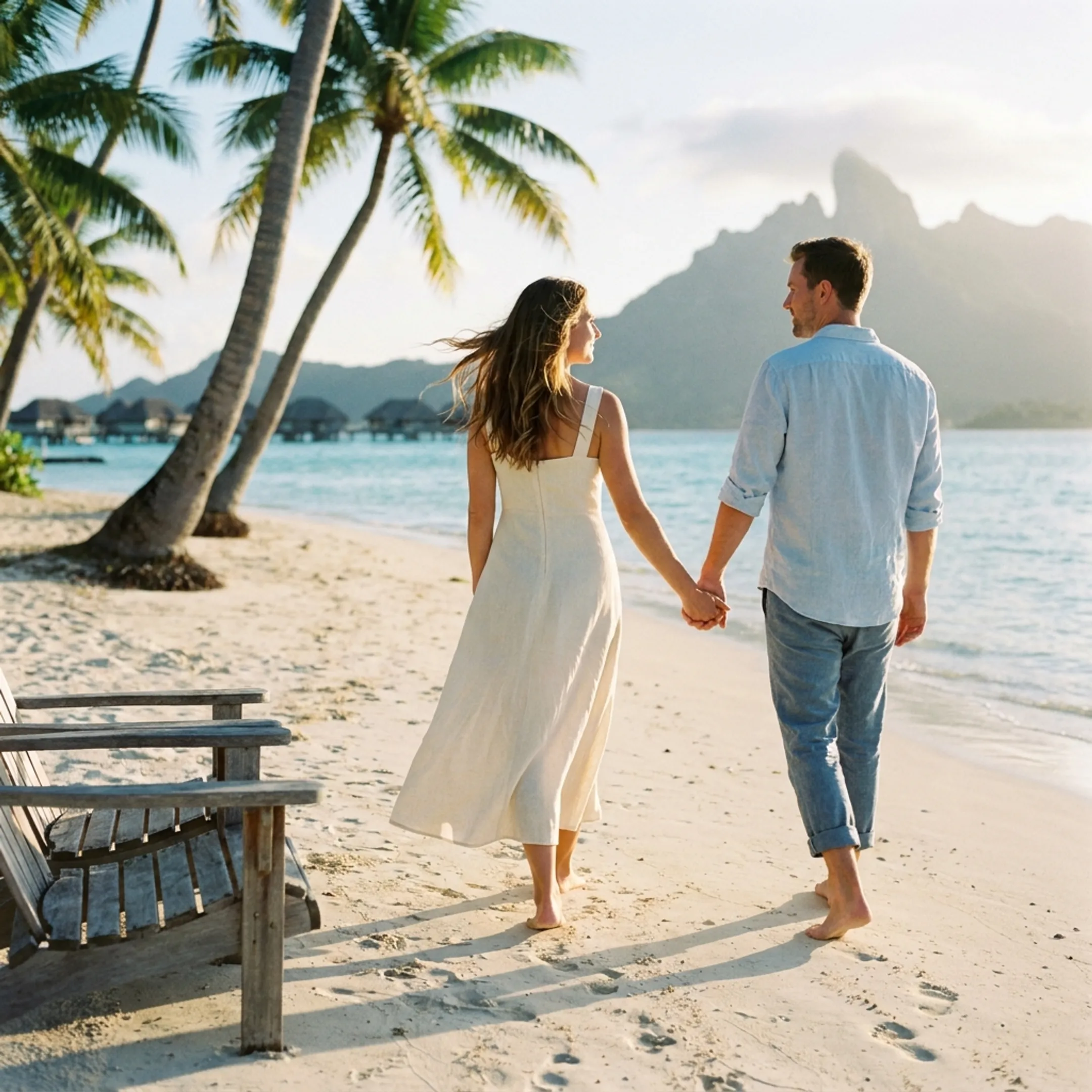 Honeymoon couple overlooking a French Polynesia lagoon