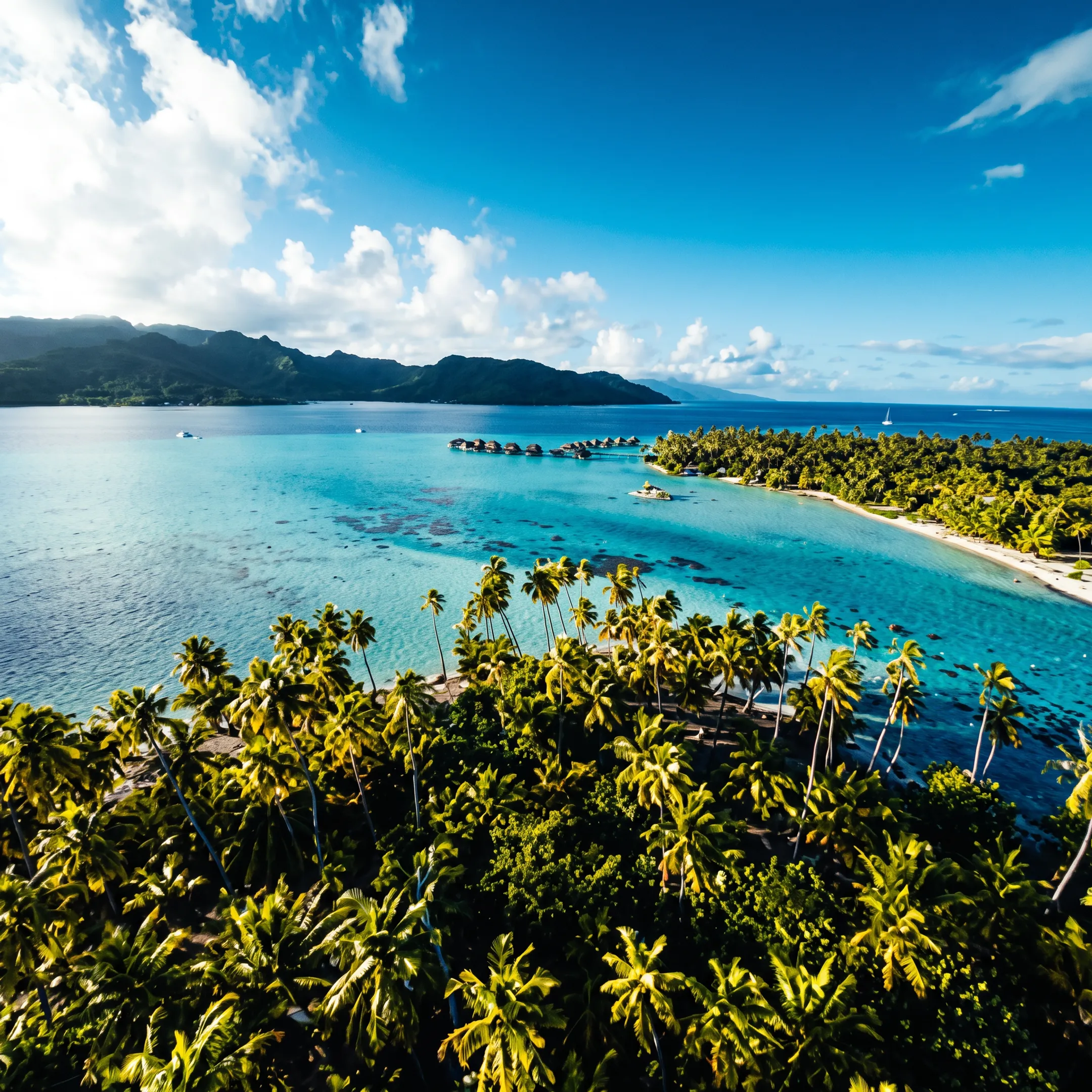Overwater bungalows and turquoise lagoon in Bora Bora