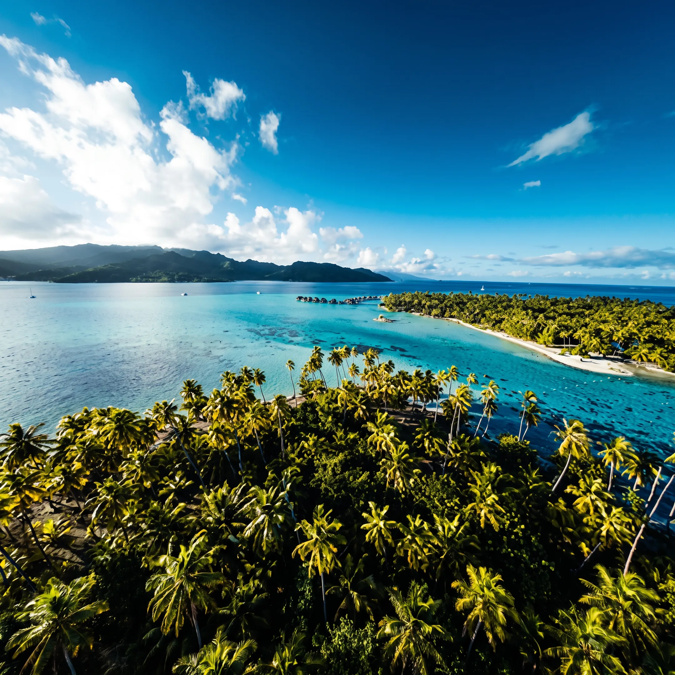 Overwater bungalows surrounded by Bora Bora lagoon waters and tropical mountains