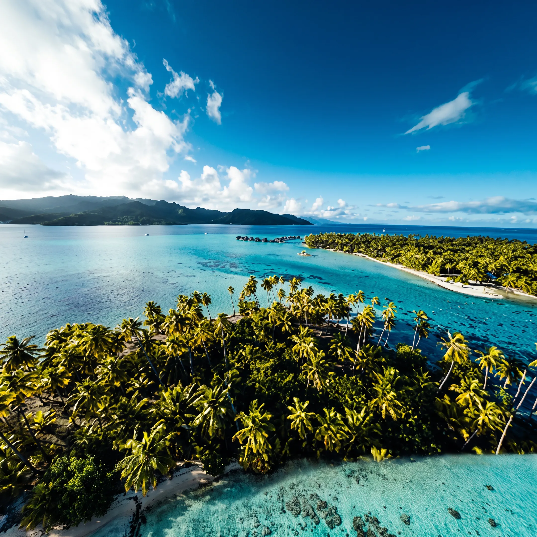 Overwater bungalows and turquoise lagoon in Bora Bora