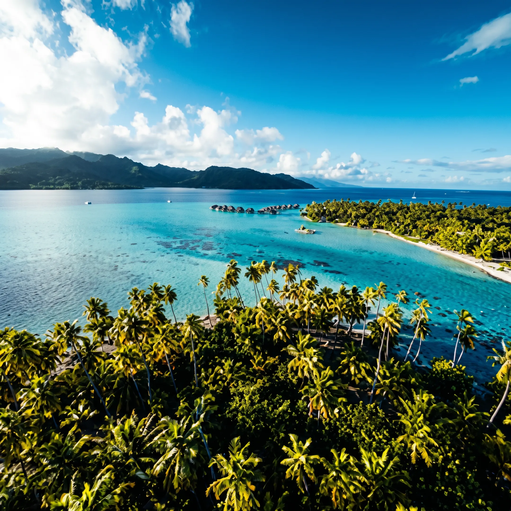 Overwater bungalows and turquoise lagoon in Bora Bora