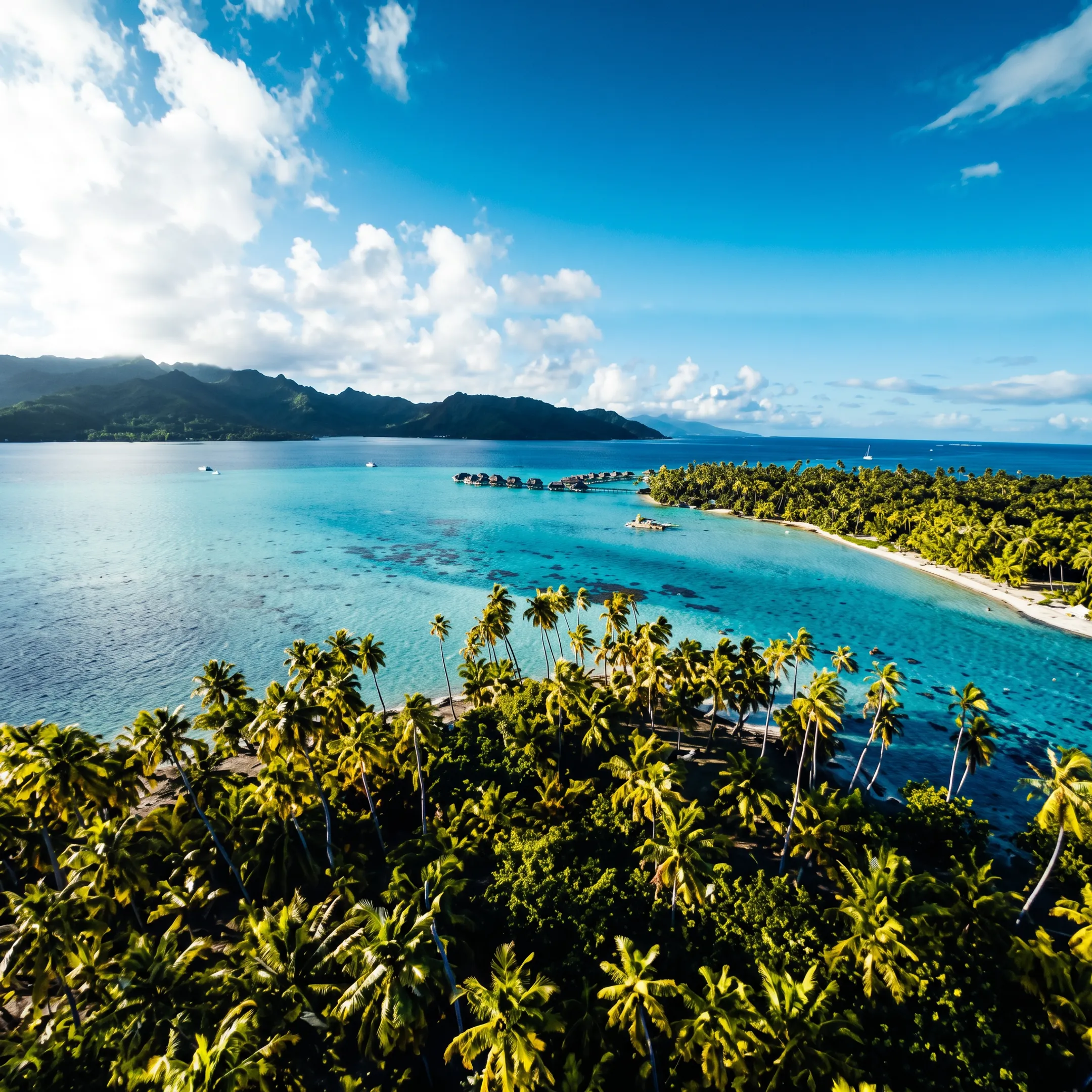 French Polynesia lagoon with overwater bungalows and tropical island scenery