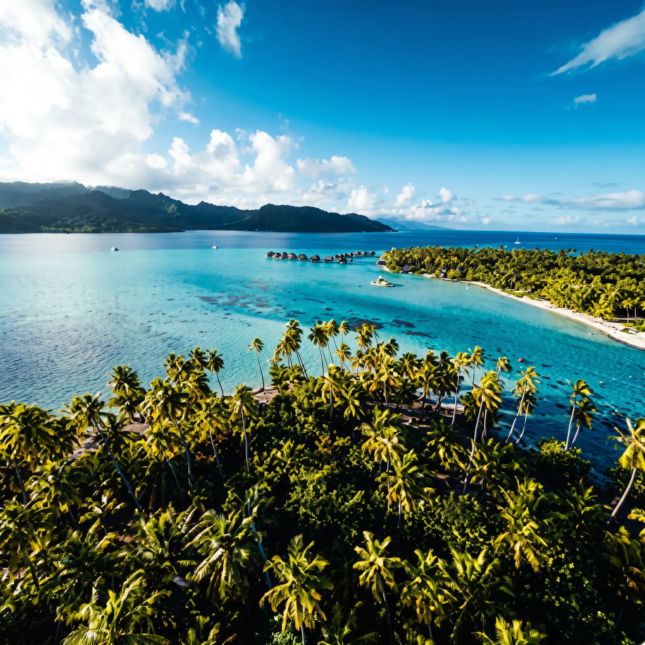 Overwater bungalows and turquoise lagoon in Bora Bora