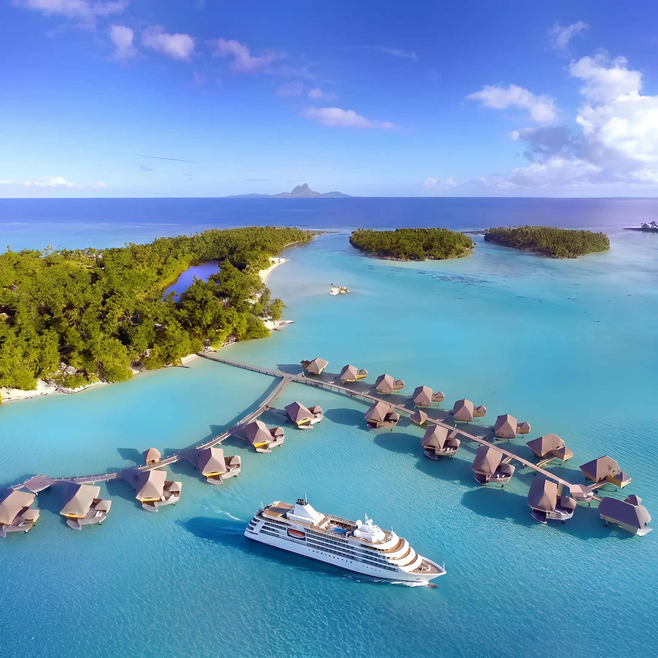 Luxury small ship sailing through a turquoise Tahitian lagoon near lush tropical islands