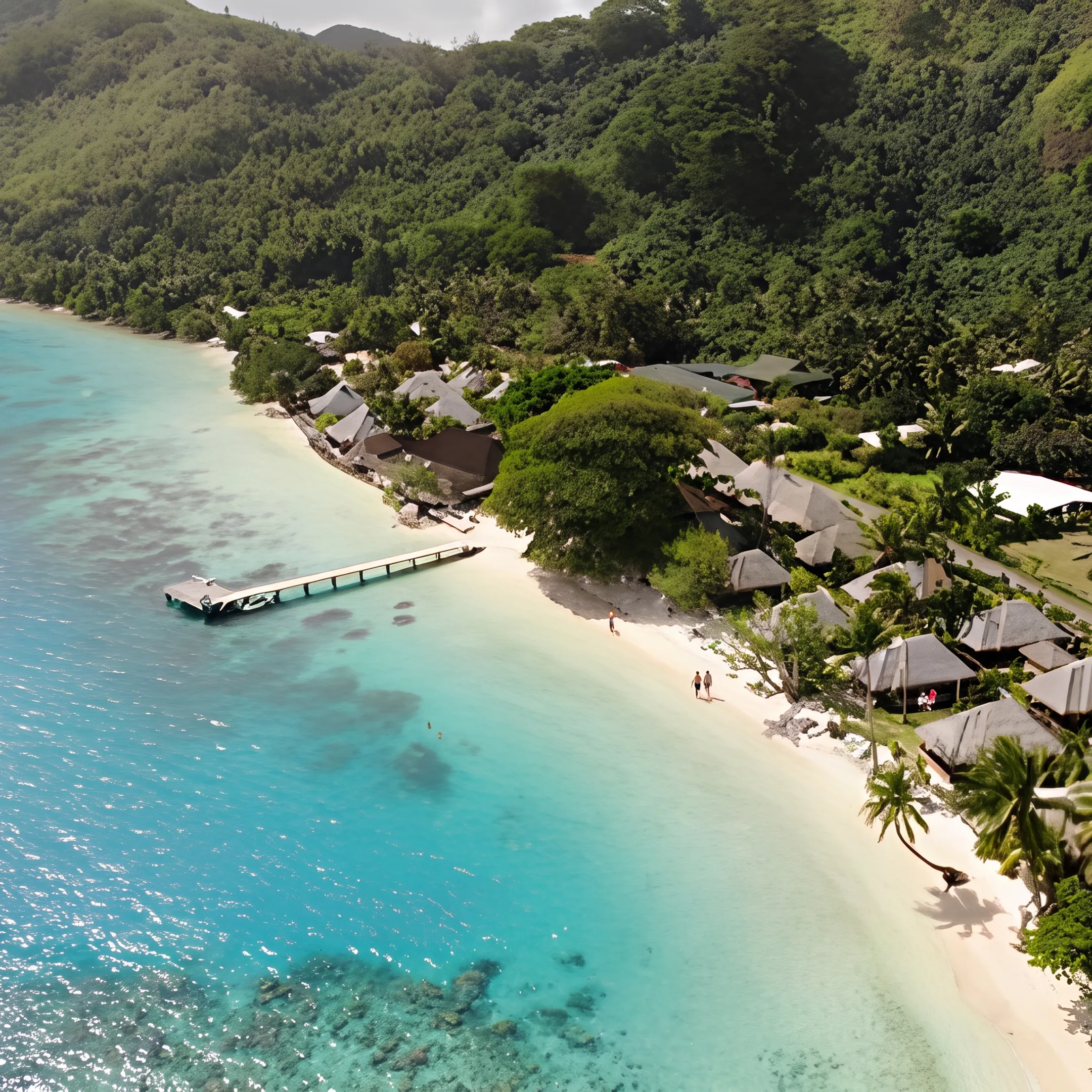 Tropical Huahine resort with lagoon views and a traveler relaxing near the water
