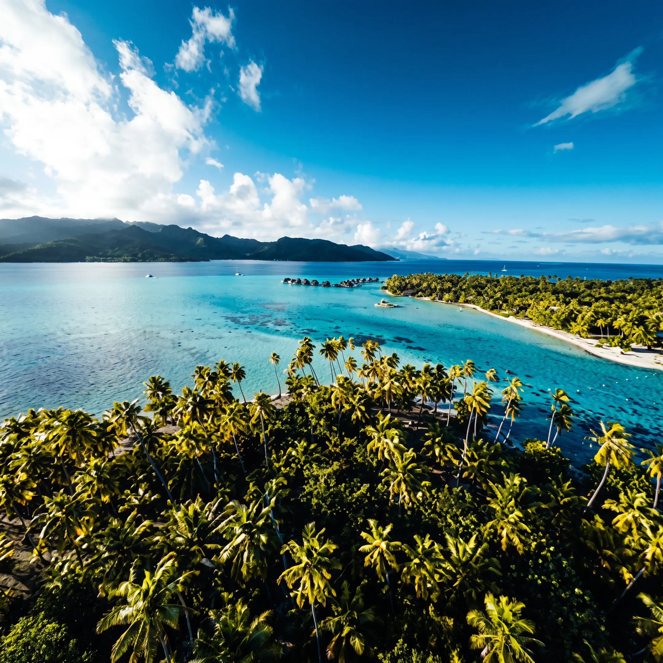 Luxury private beach bungalow beside a turquoise French Polynesian lagoon