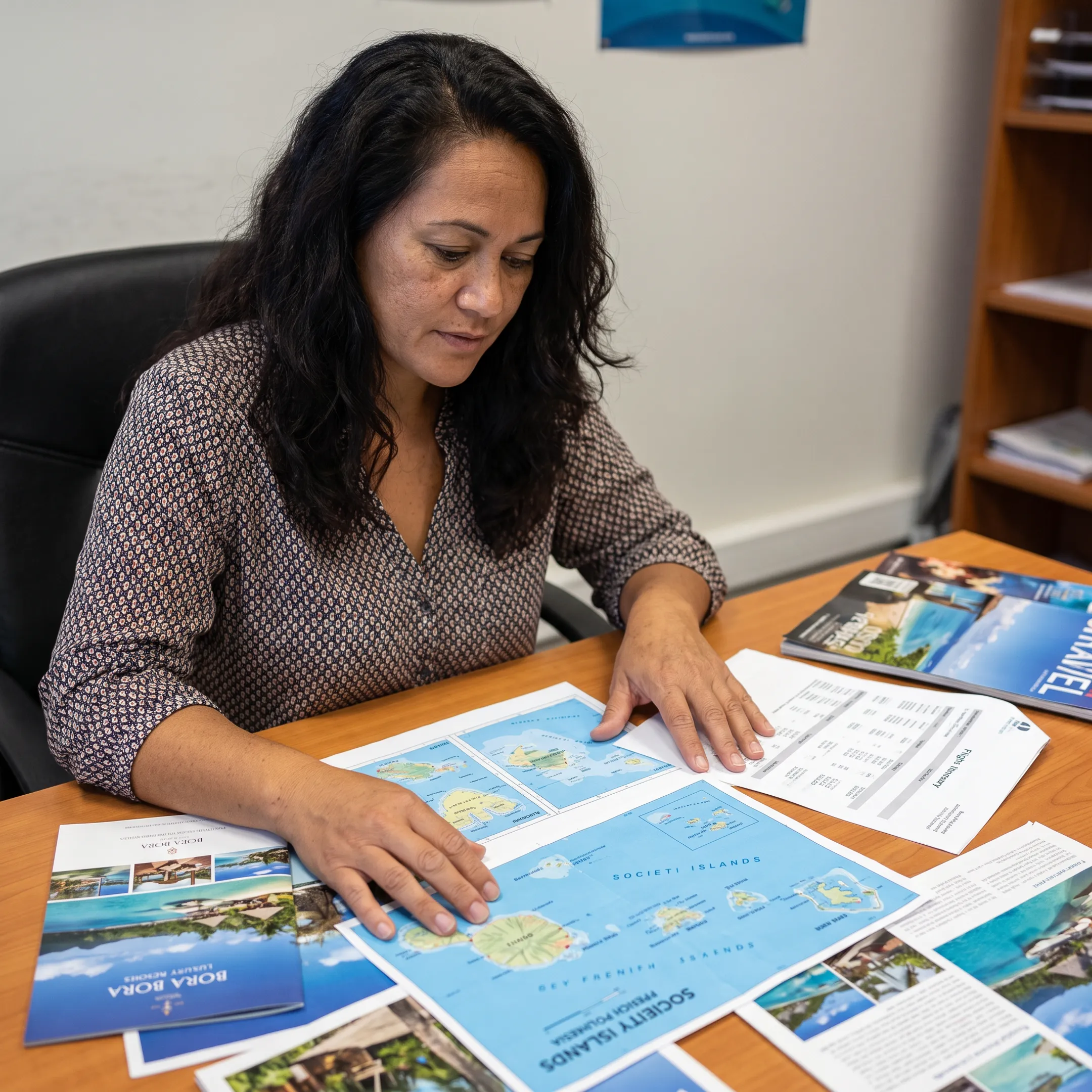 Travel advisor planning a Bora Bora cruise itinerary with island maps
