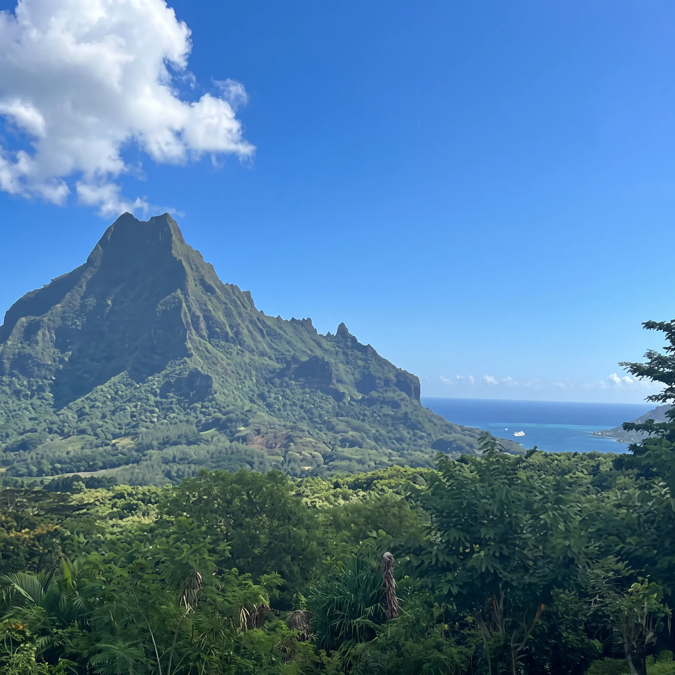 Luxury cruise ship sailing from Honolulu toward Tahiti through clear Pacific waters