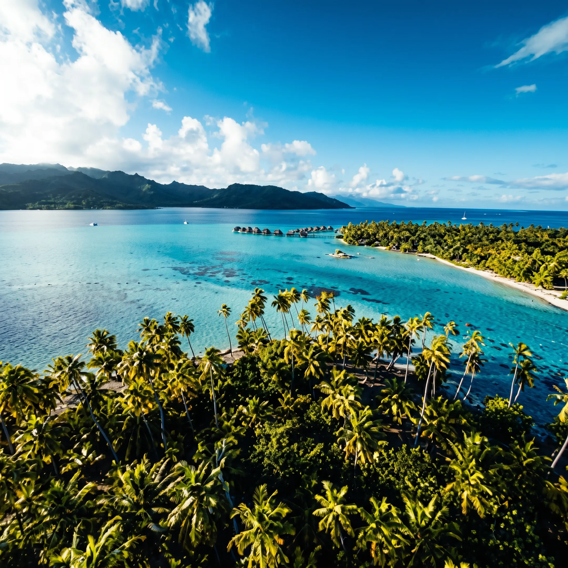 Overwater bungalows above a turquoise Tahiti lagoon