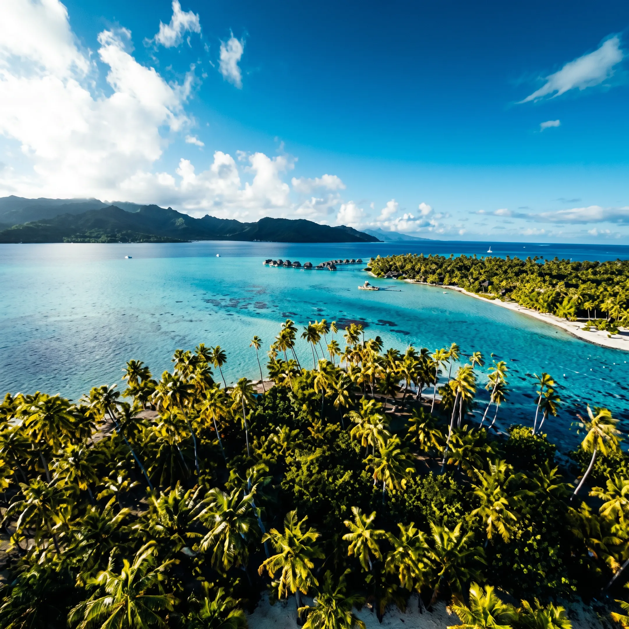 Luxury overwater bungalows and turquoise lagoon on Taha'a Island in French Polynesia