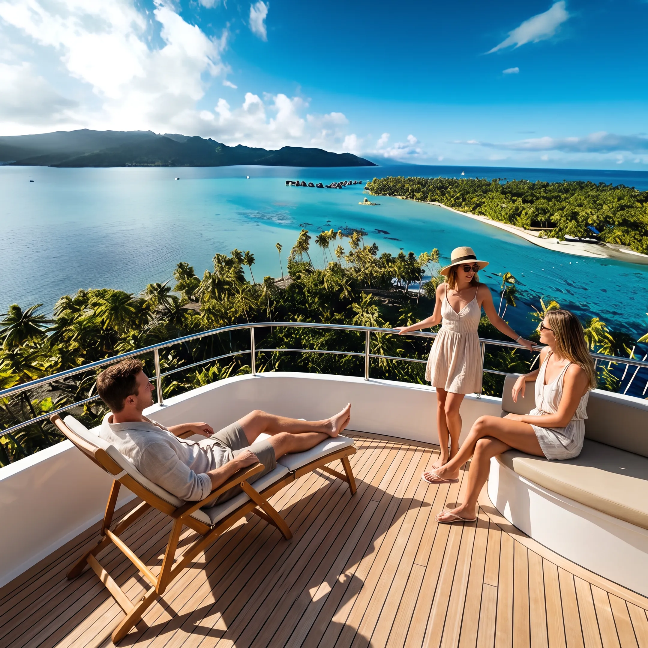 Travelers relaxing aboard a private yacht in French Polynesia
