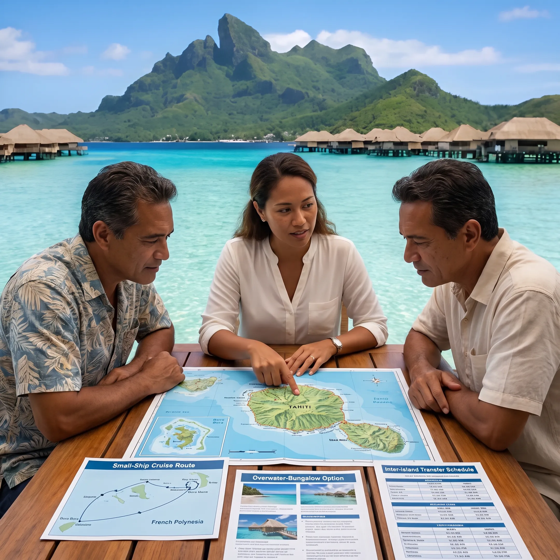 Travel advisor planning a French Polynesia small-ship cruise beside island maps