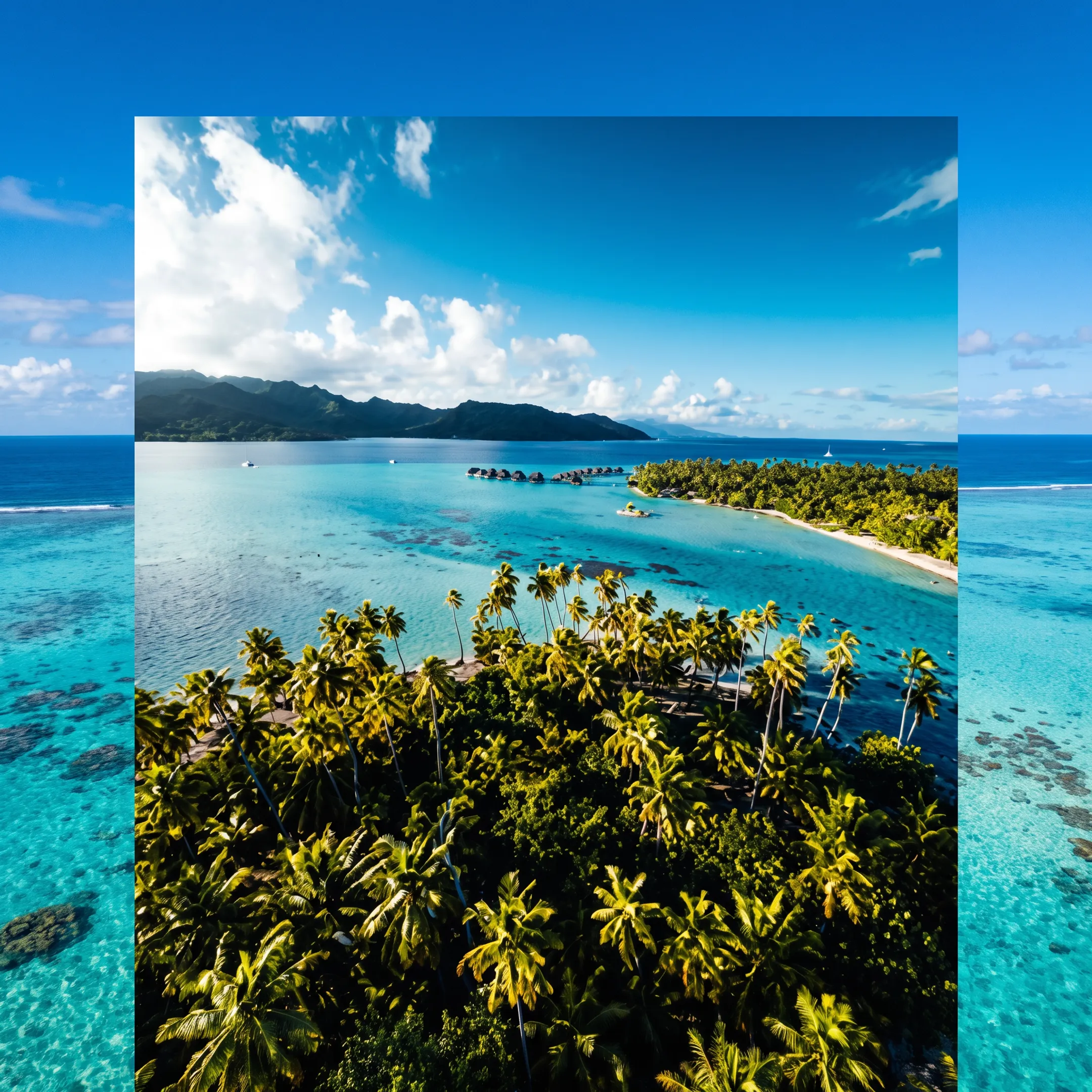 Overwater bungalows and turquoise lagoon in Bora Bora