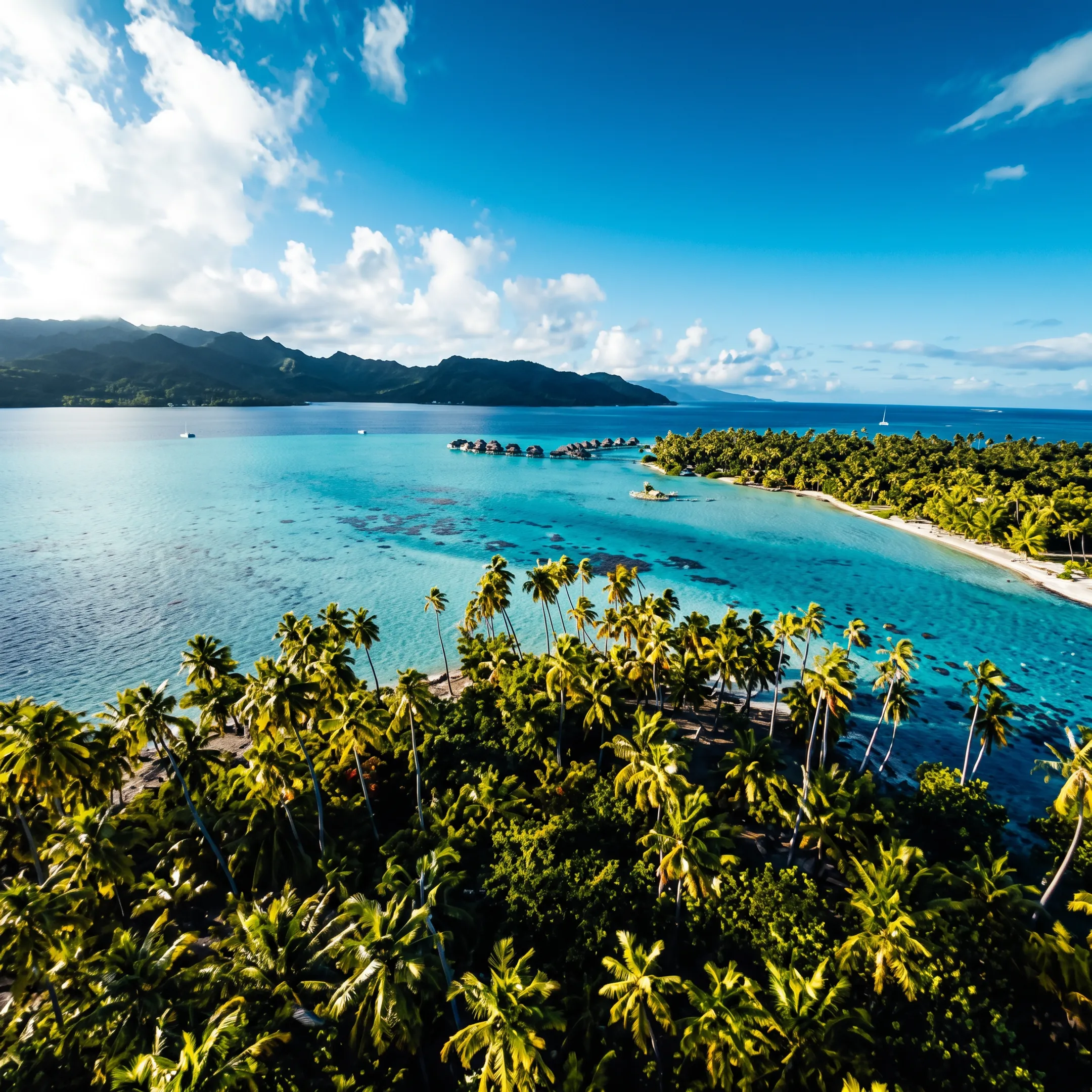 Overwater resort bungalow and turquoise lagoon in Tikehau, French Polynesia