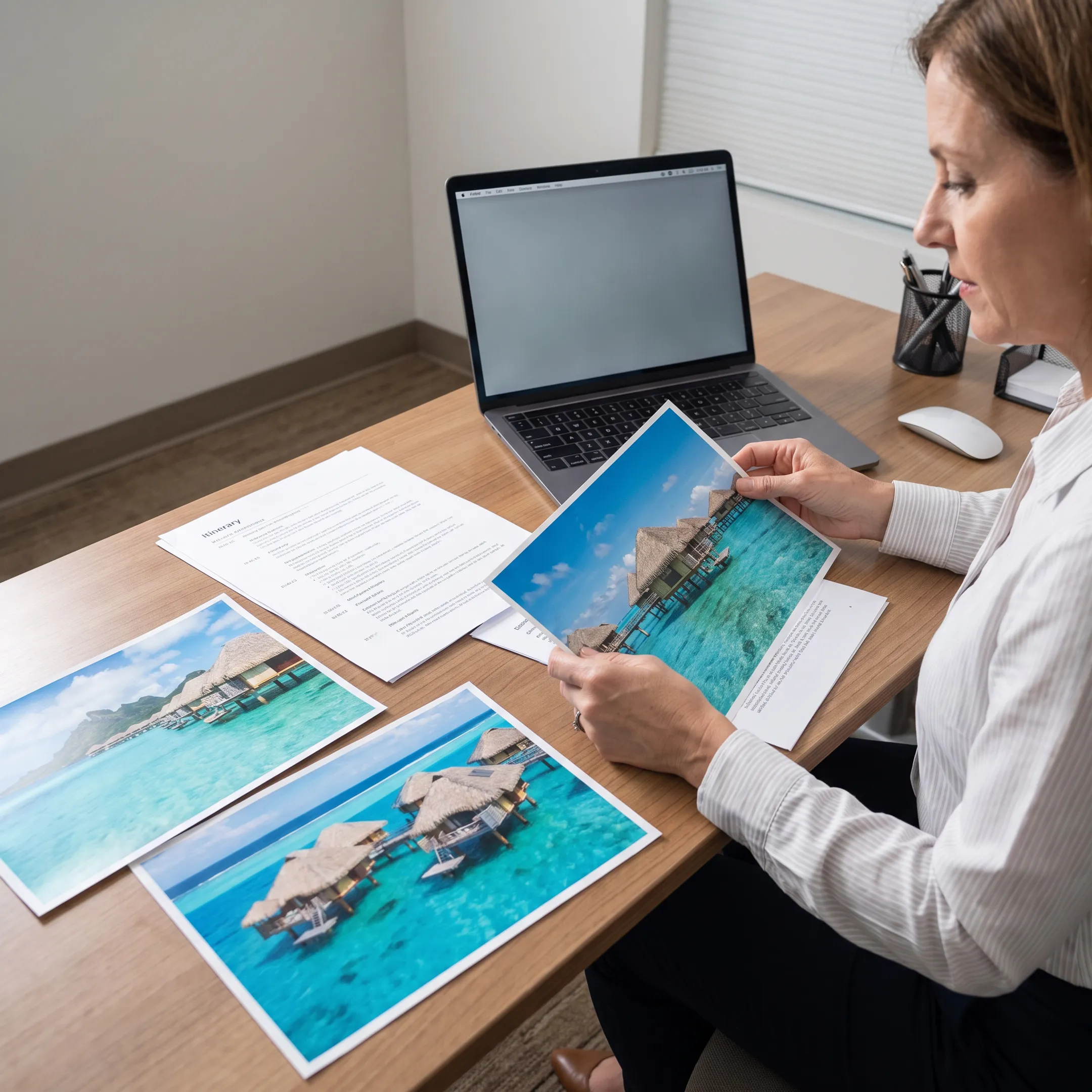 Travel advisor reviewing Bora Bora resort options with vacation documents