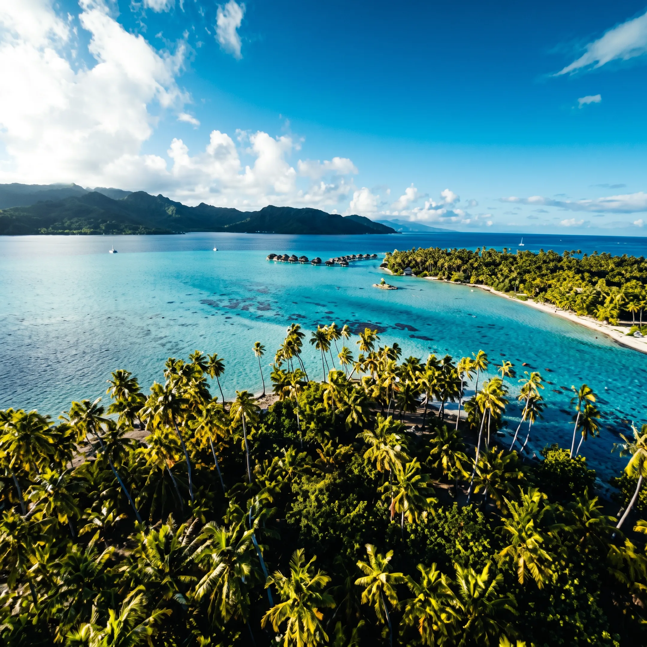 Overwater bungalows and turquoise lagoon in Bora Bora, French Polynesia