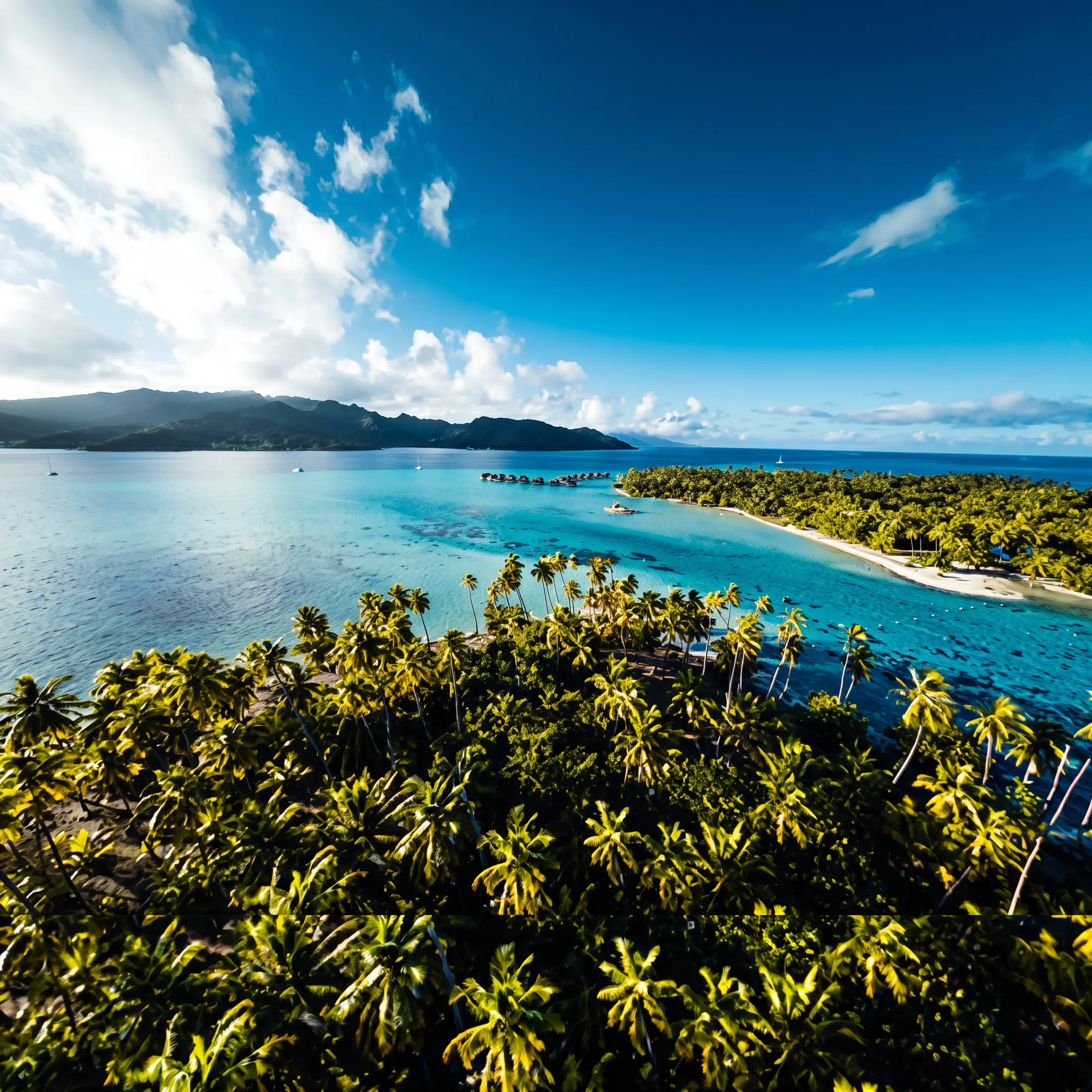 Luxury small-ship cruise sailing through a turquoise French Polynesian lagoon near tropical islands