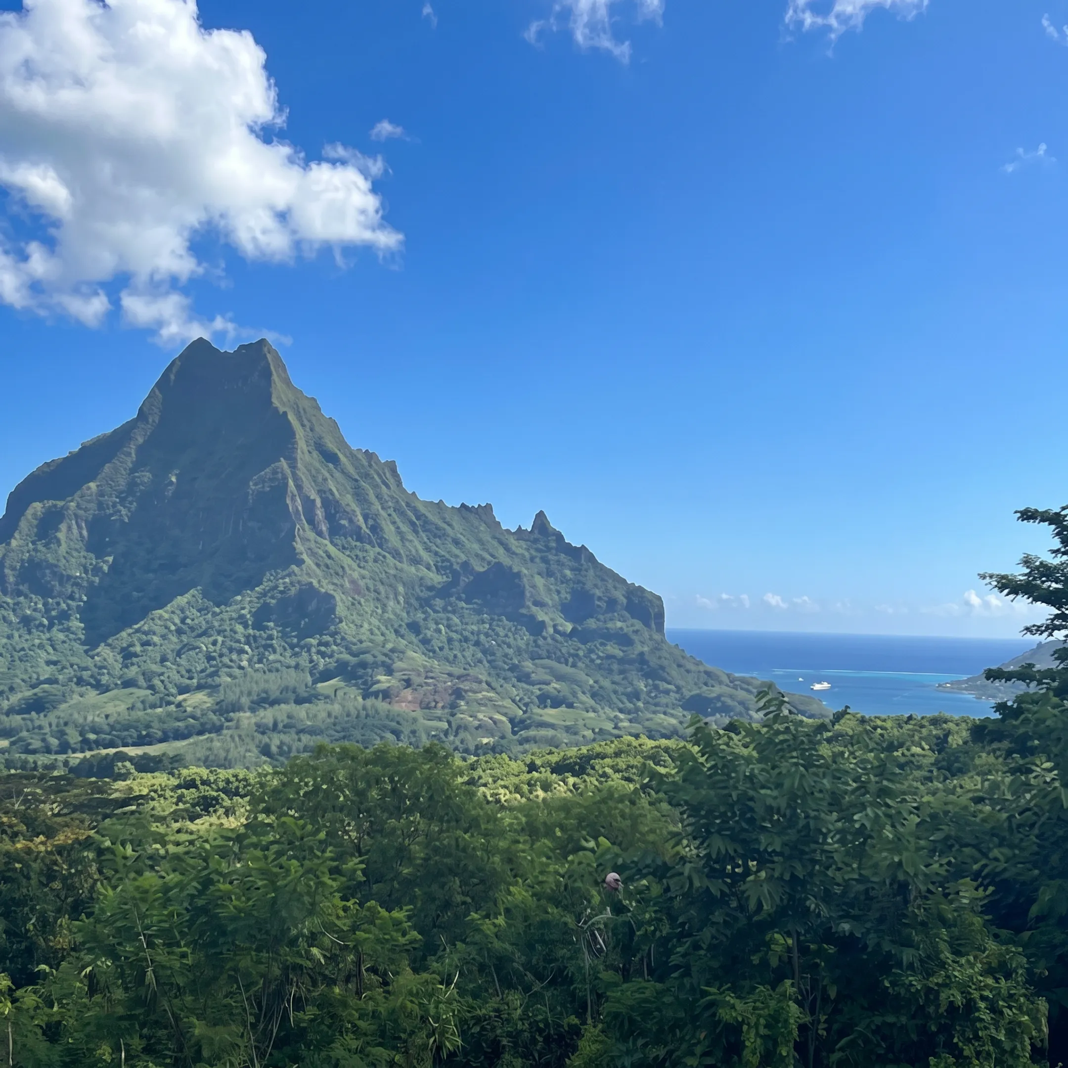 Boat cruising across Moorea lagoon with mountains and tropical shoreline in the background