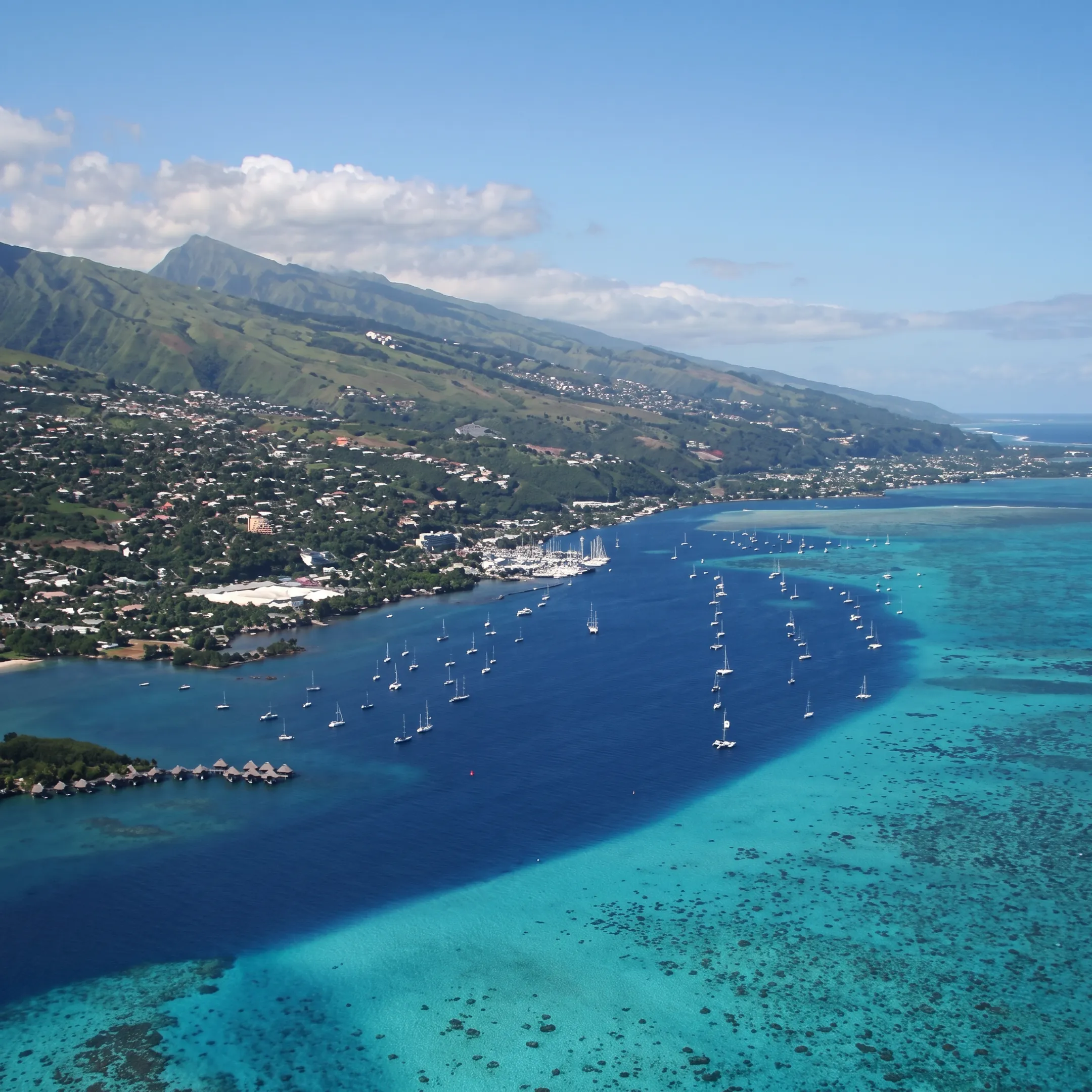 Crewed yacht sailing between tropical islands with guests relaxing on deck