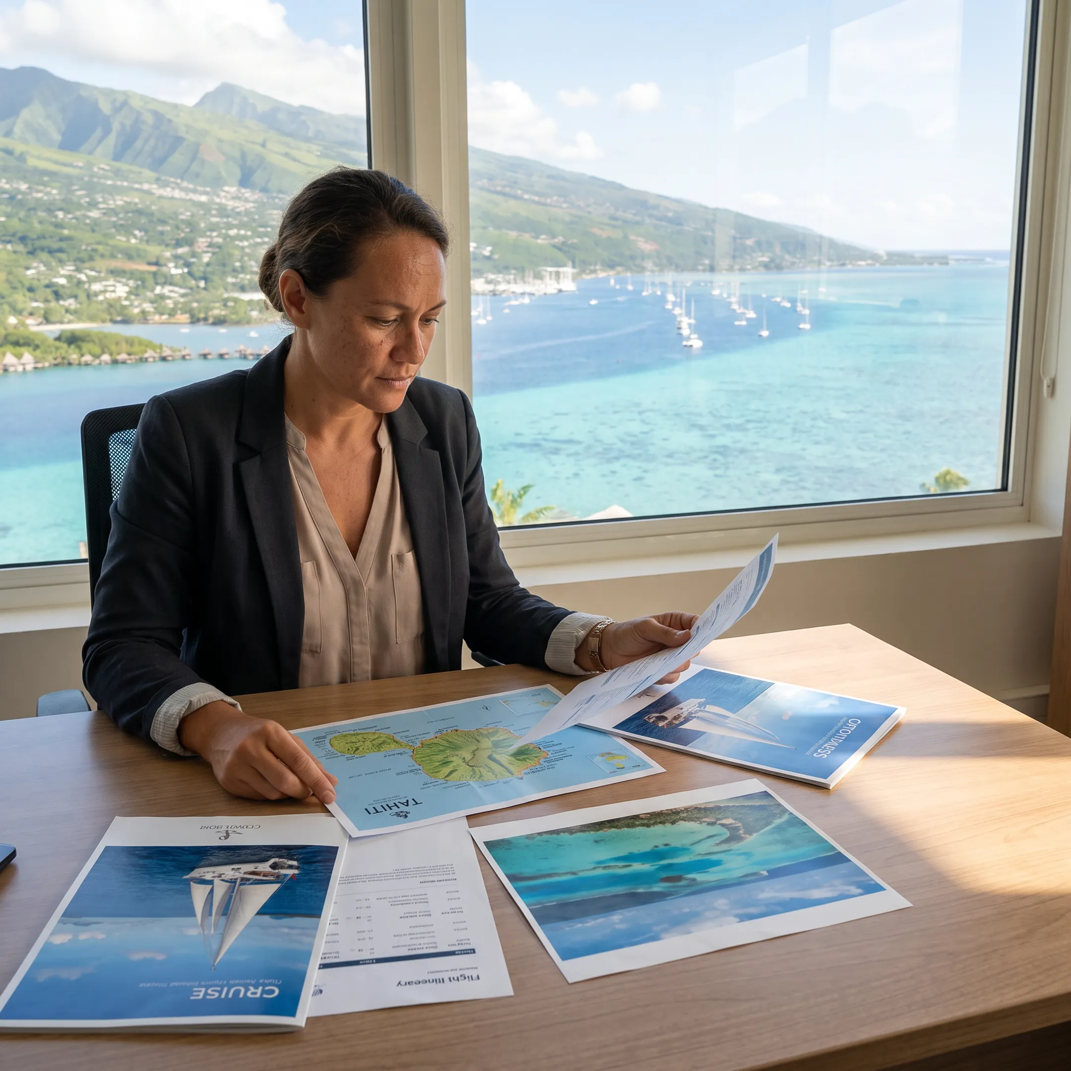 Travel advisor planning a French Polynesia cruise itinerary beside a lagoon map