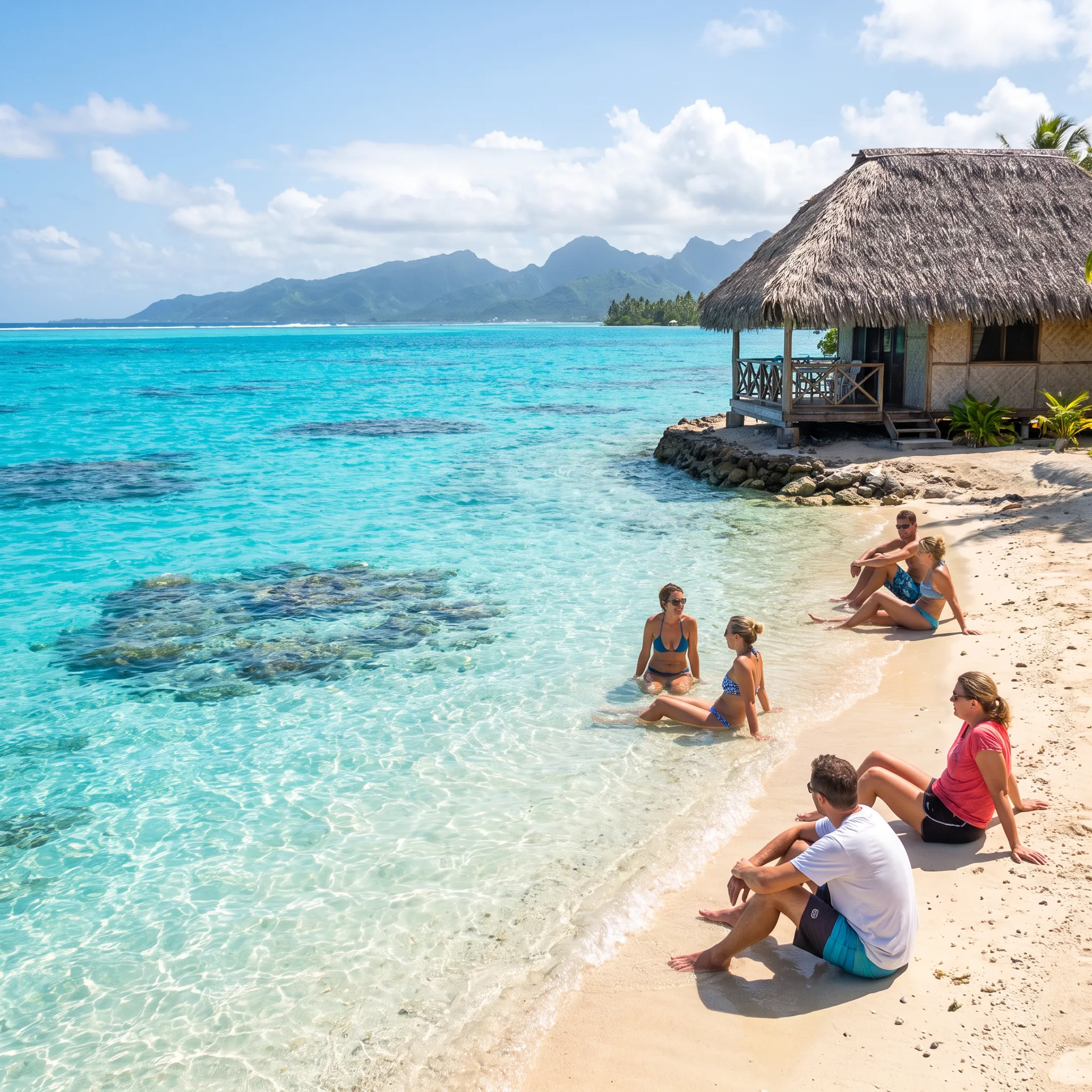 Tropical Fakarava lagoon with a peaceful pension setting and travelers enjoying the shoreline