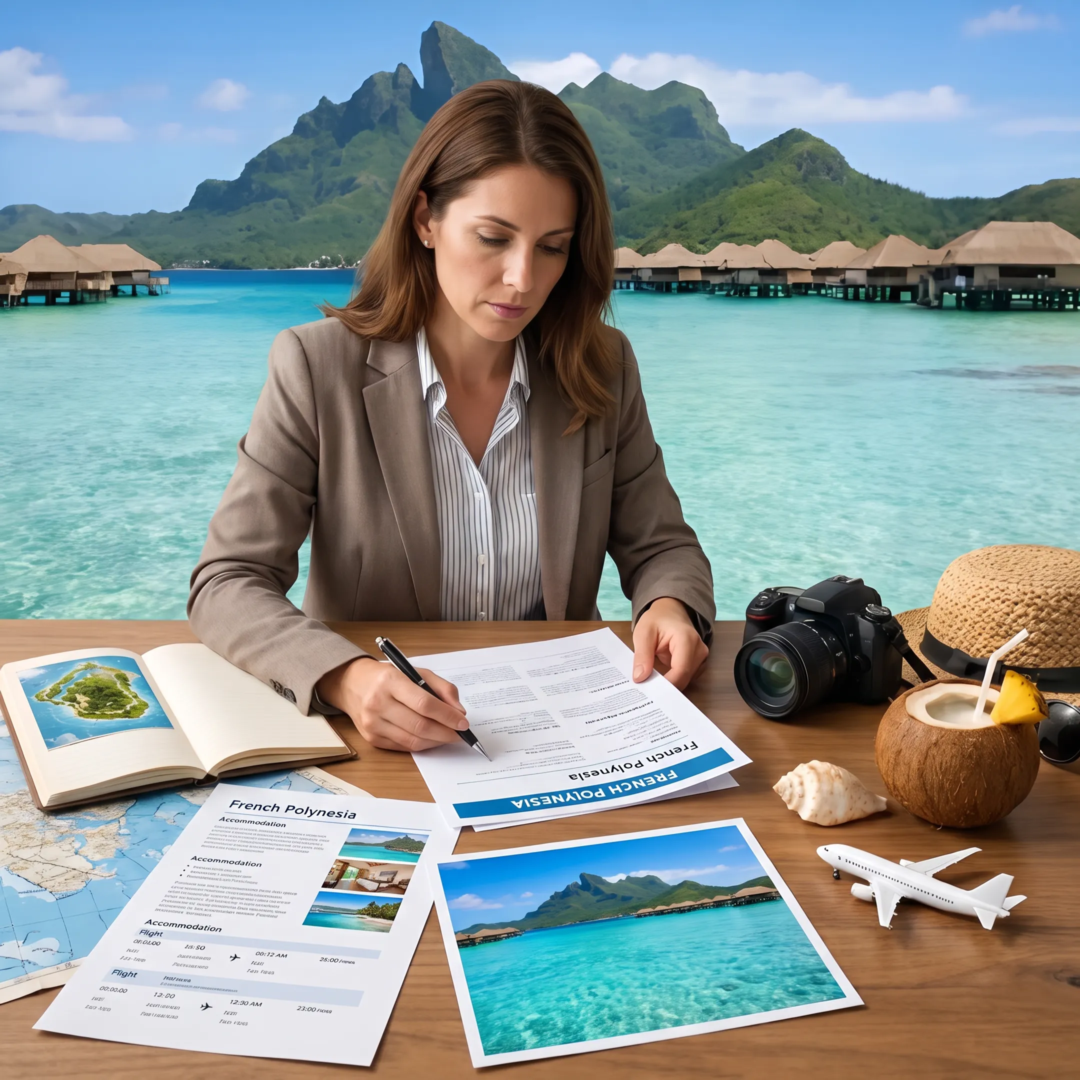 Travel advisor planning a French Polynesia itinerary beside an image of a tropical lagoon