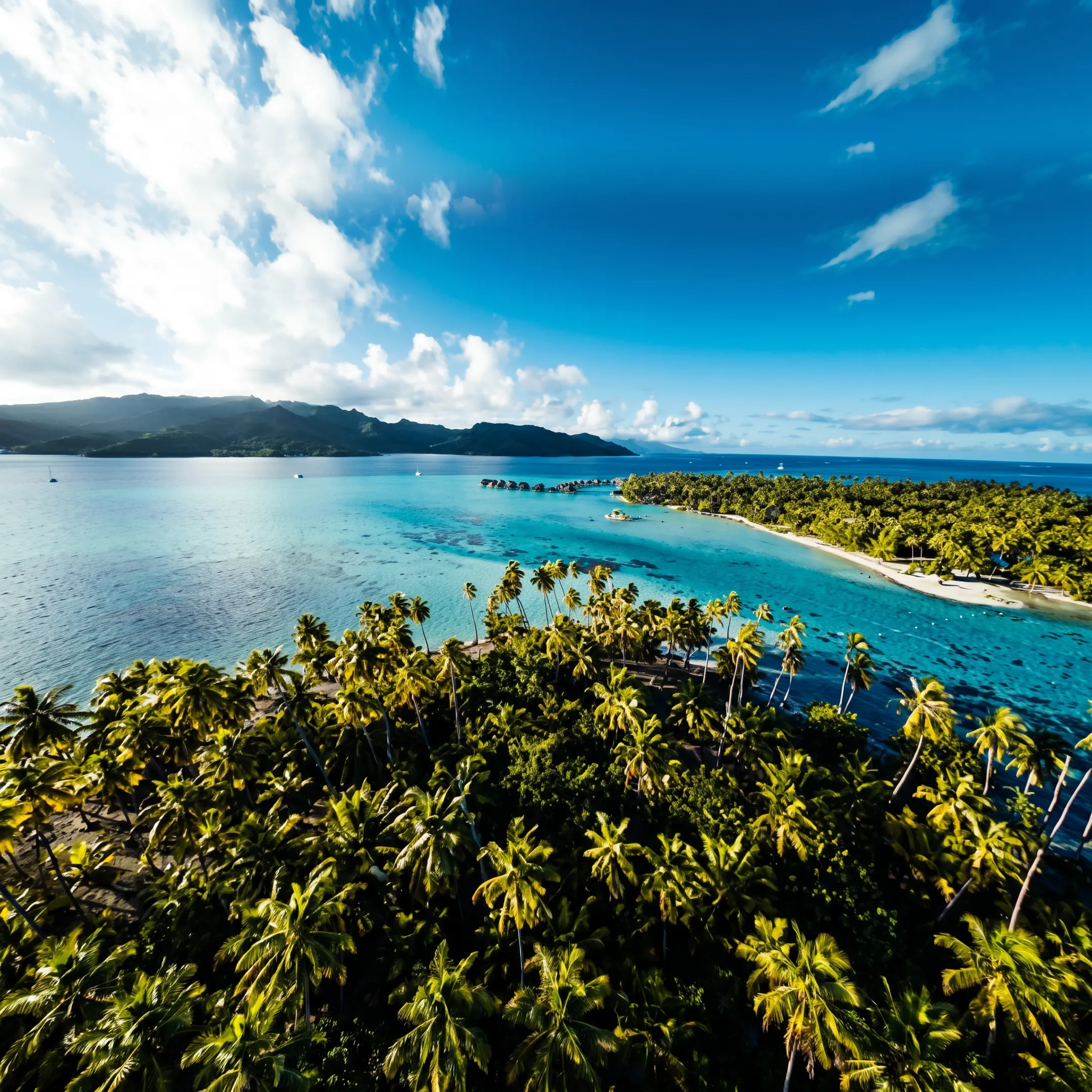 Overwater bungalows and turquoise lagoon in Bora Bora