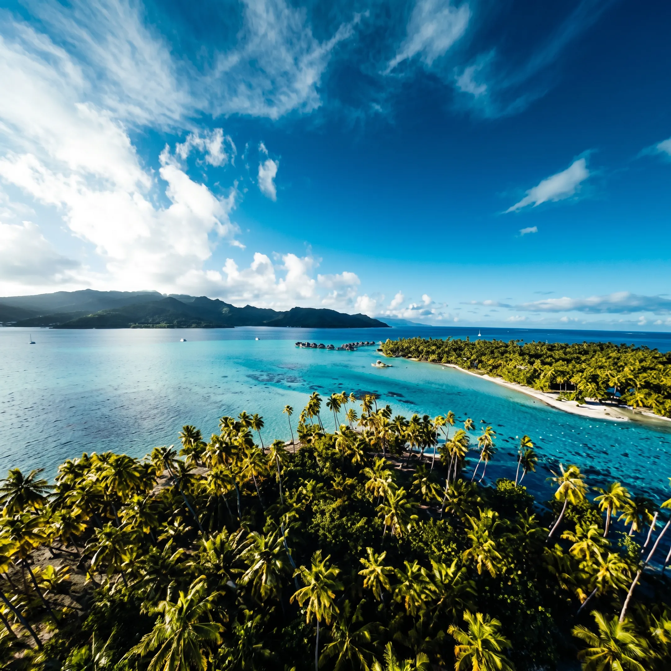 Luxury cruise ship and overwater bungalows in French Polynesia