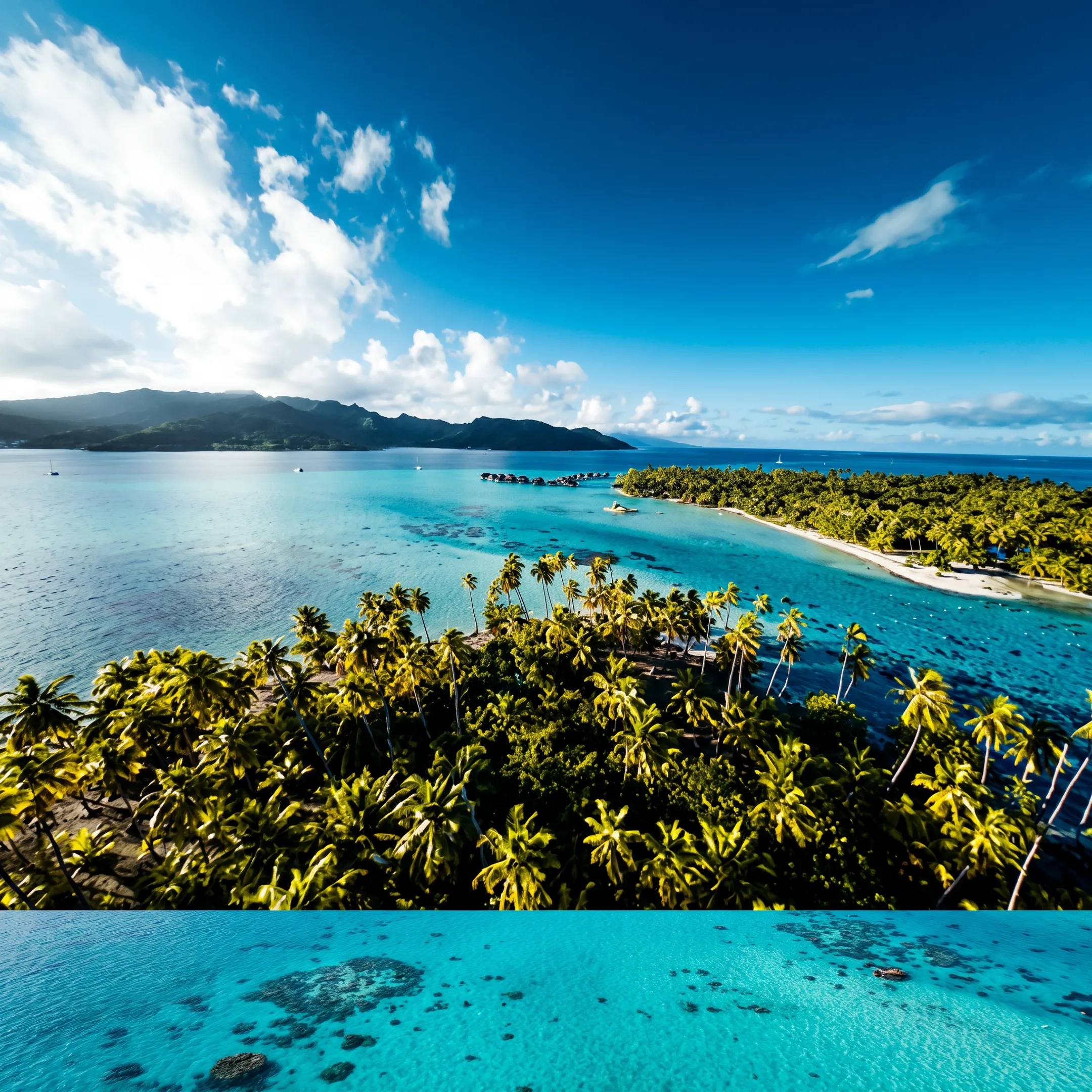 Luxury cruise ship sailing through a turquoise Tahitian lagoon near tropical islands