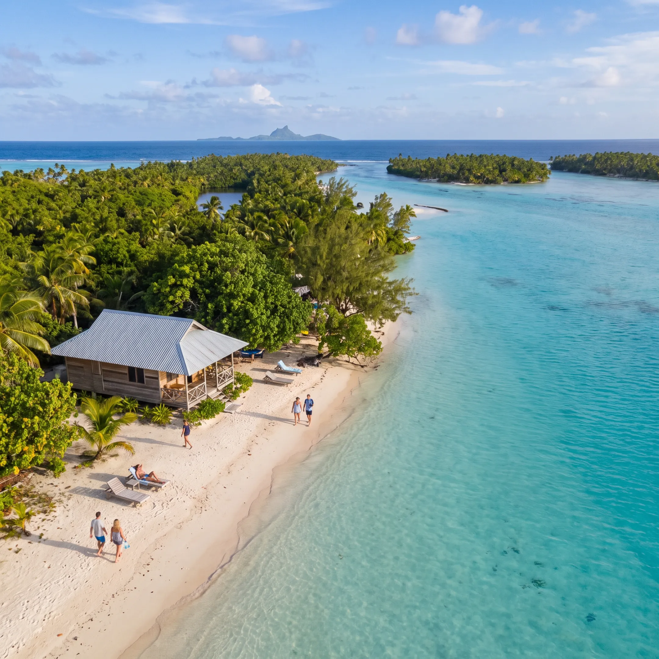 Tropical Rangiroa pension surrounded by turquoise lagoon waters and lush Polynesian scenery