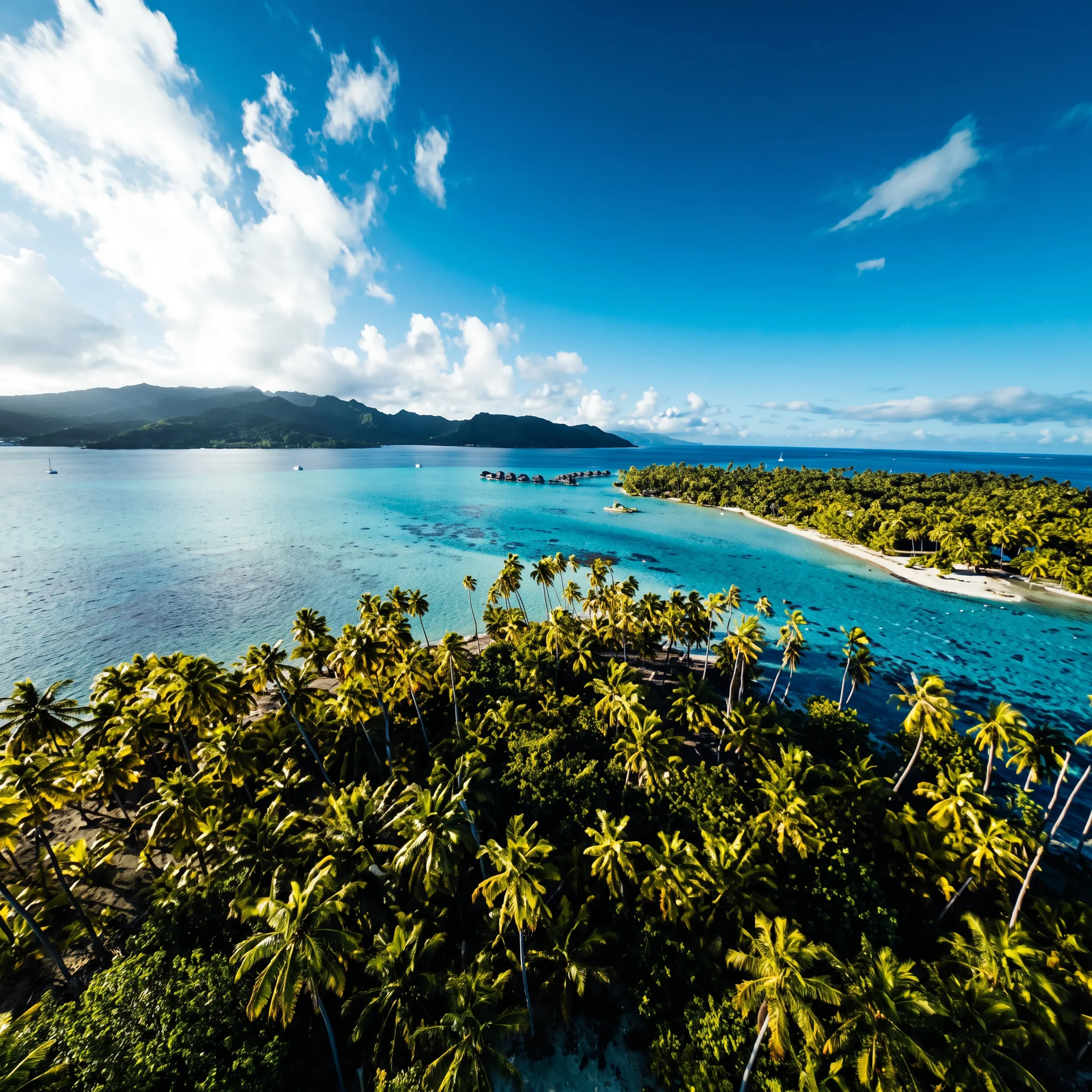 Overwater bungalows and turquoise lagoon in French Polynesia
