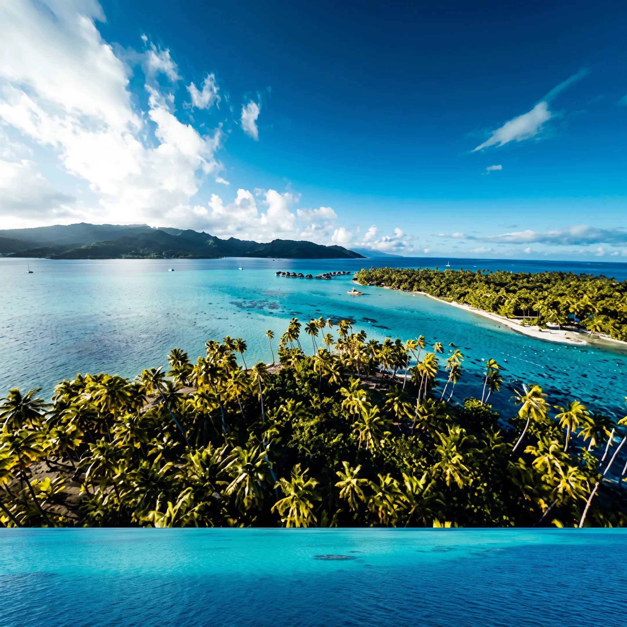 Travelers enjoying a peaceful Maupiti lagoon beside a tropical island resort