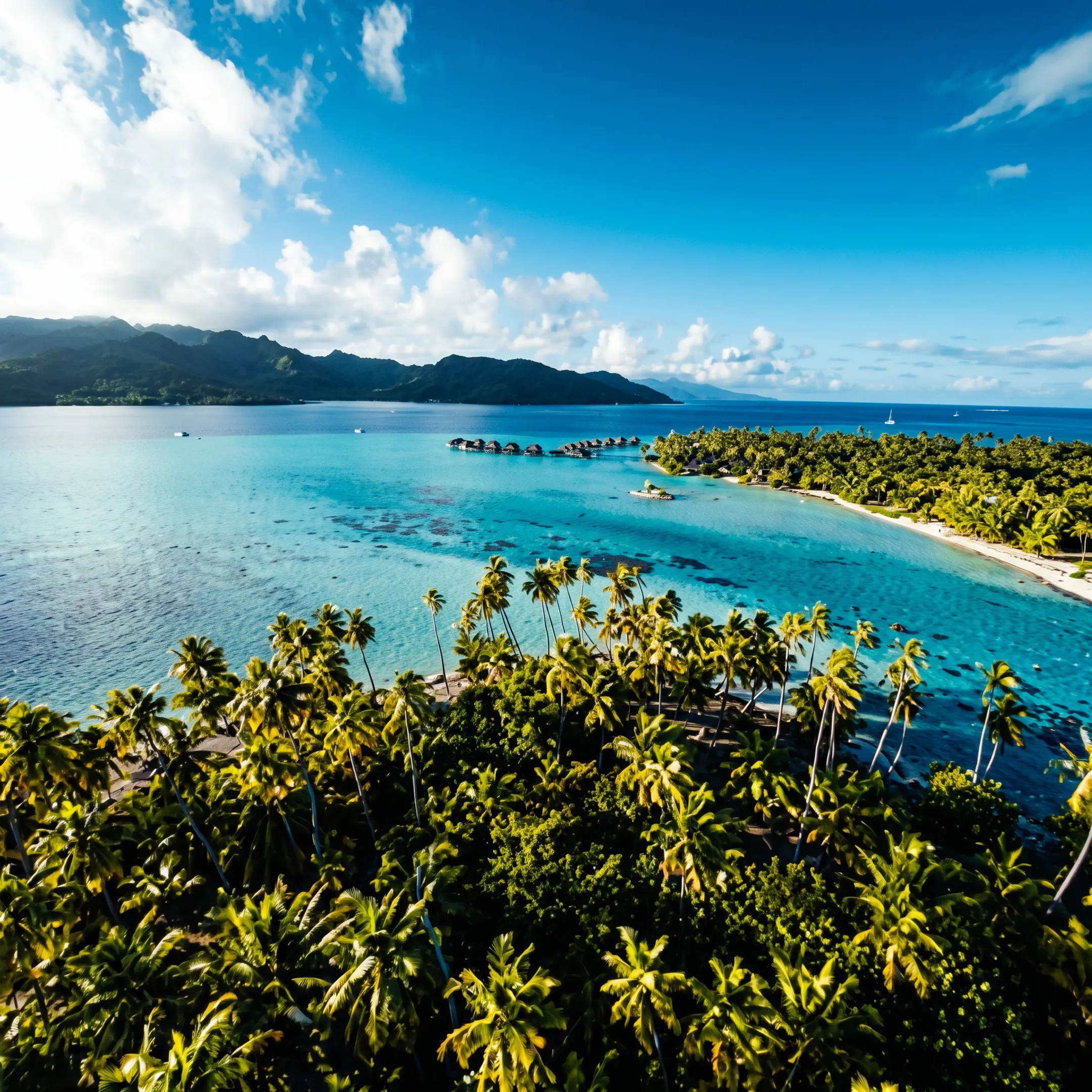 Luxury overwater villas extending across Bora Bora's turquoise lagoon beneath Mount Otemanu