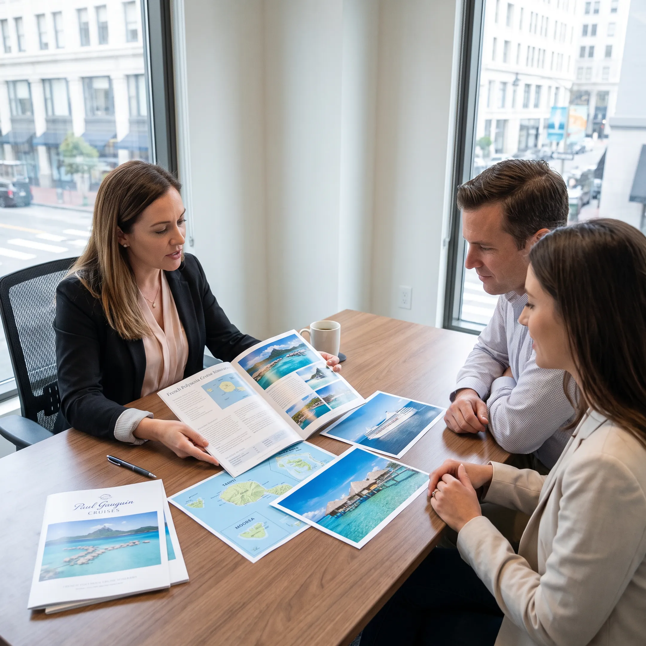 Travel advisor reviewing a Tahiti cruise itinerary with a couple