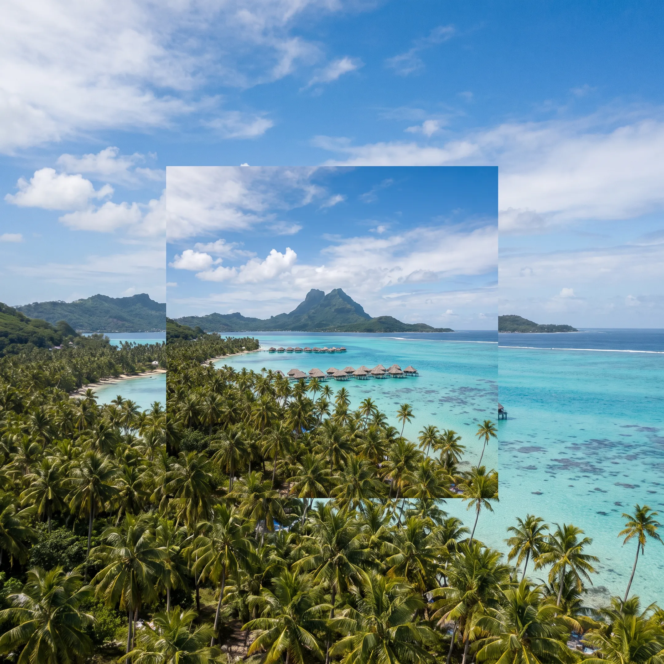 Overwater bungalows and turquoise lagoon at a Bora Bora resort