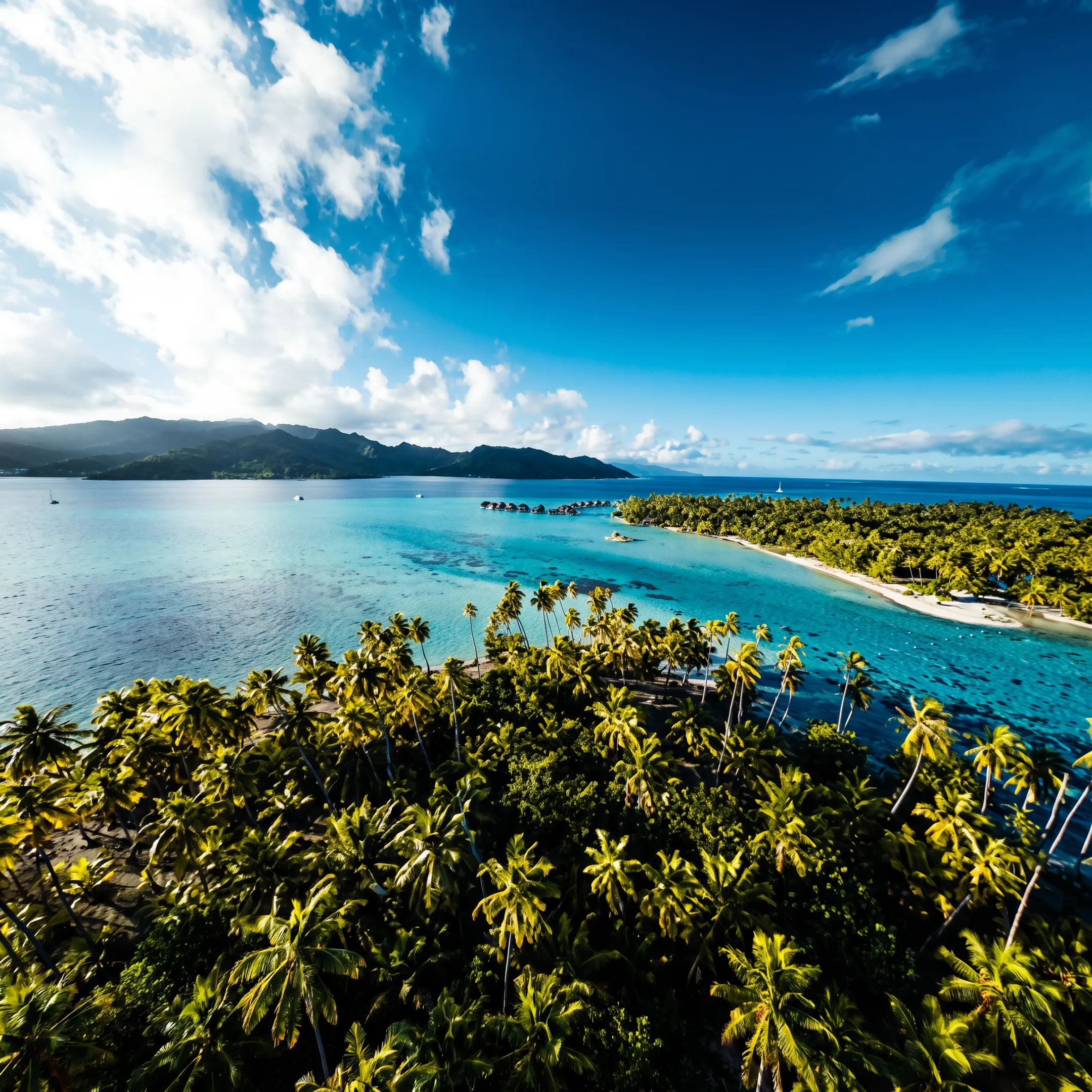Overwater bungalows and turquoise lagoon in Bora Bora with a seaplane nearby