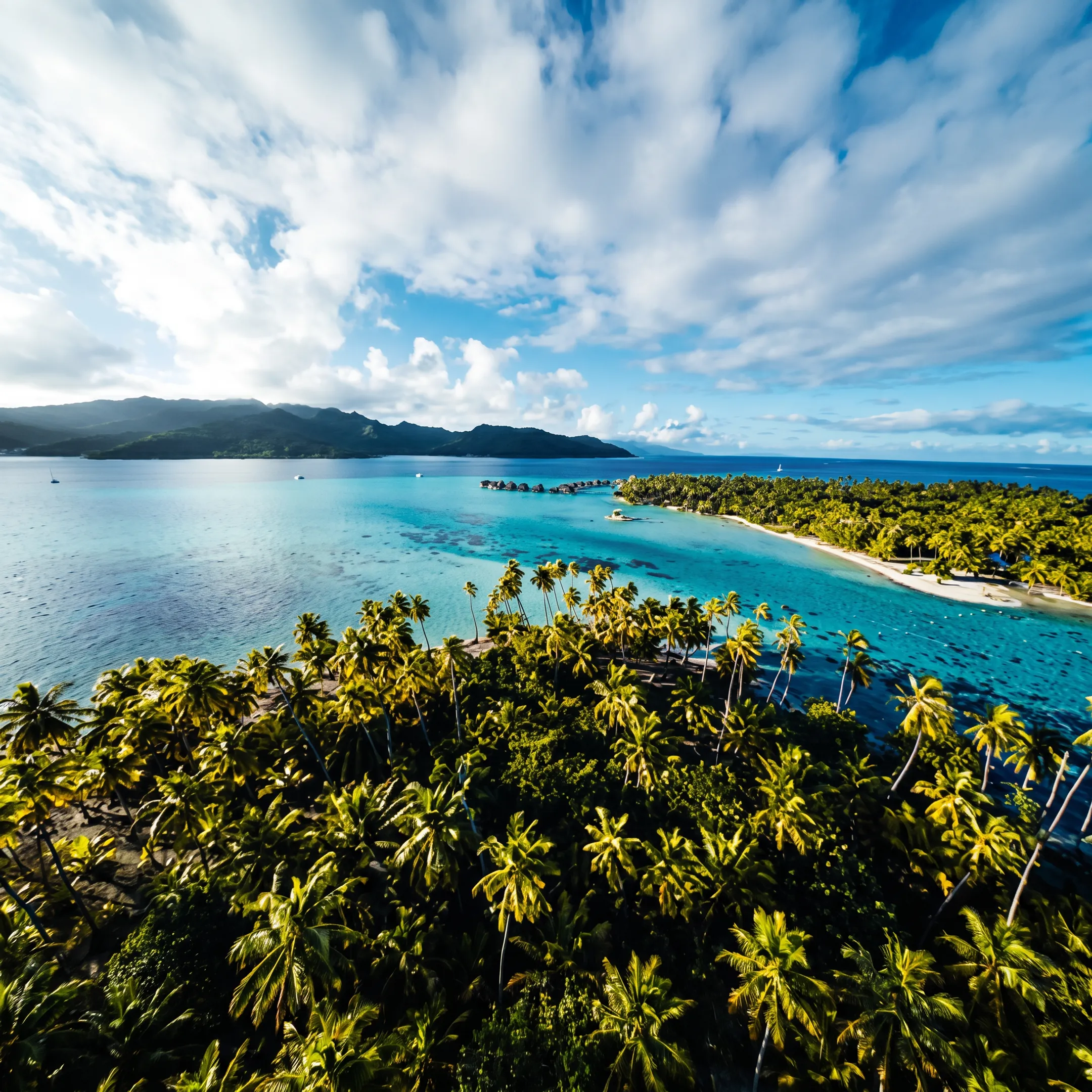Luxury yacht sailing through a turquoise South Pacific lagoon near French Polynesian islands