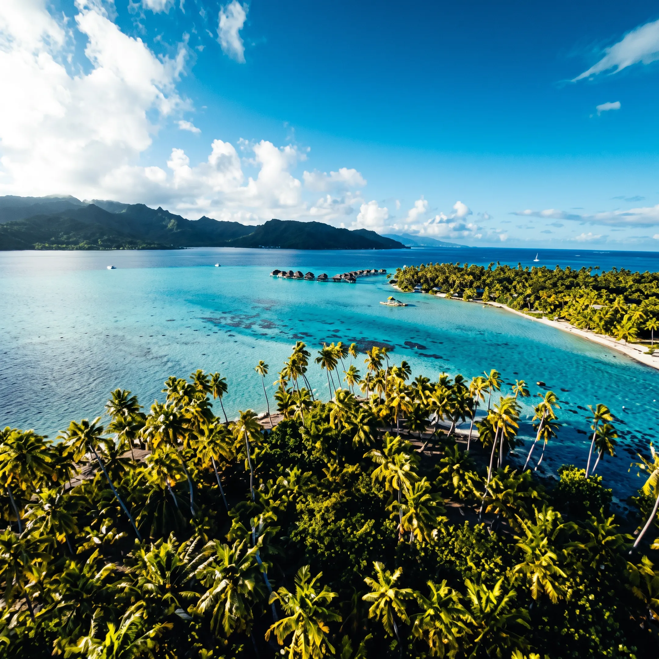 Overwater bungalows and turquoise lagoon in Bora Bora