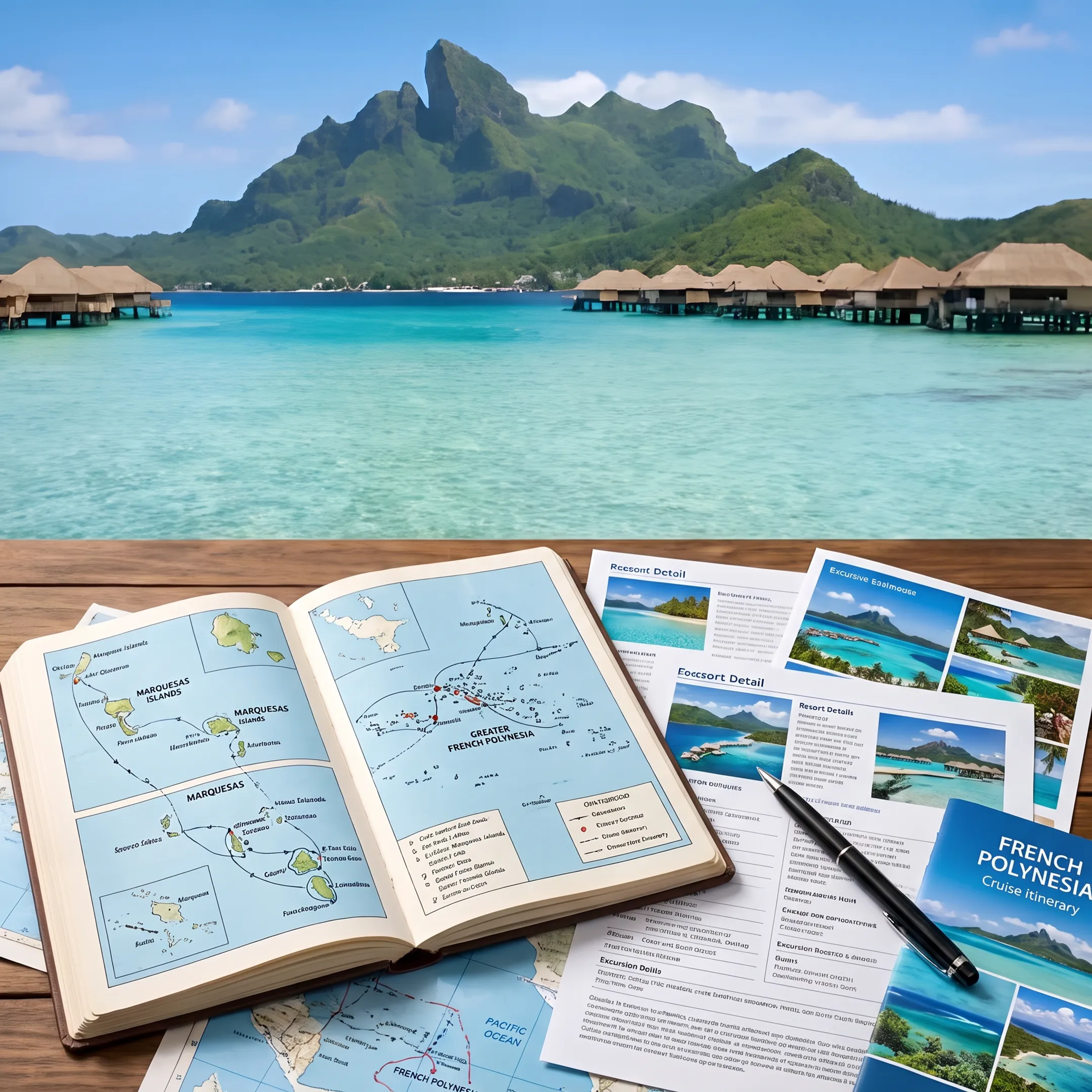 Travel advisor planning a French Polynesia cruise itinerary with island maps and travel documents
