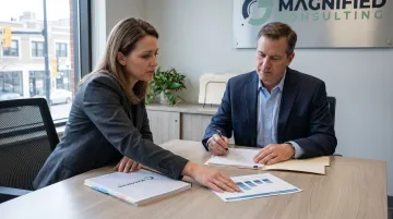 Business owner and advisor reviewing enterprise risk assessment documents before company sale