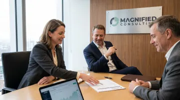 Business owner and consultant discussing strategic growth plan in modern boardroom