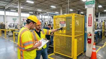 Manufacturing facility workers performing safety compliance inspection on production floor