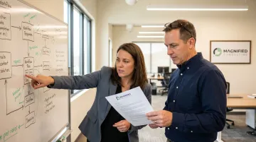 Insurance agency consultant and operational leader reviewing automation strategy on whiteboard