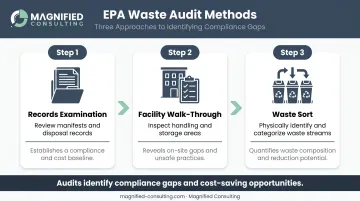 Three-method business waste audit process from records review to facility walkthrough and waste sort