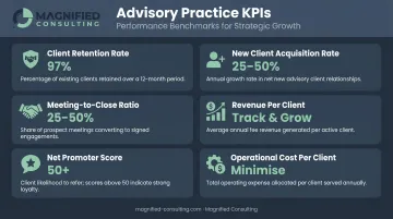 Six core KPI metrics dashboard for financial advisory practice performance measurement
