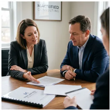 Business valuation consultants reviewing financial data